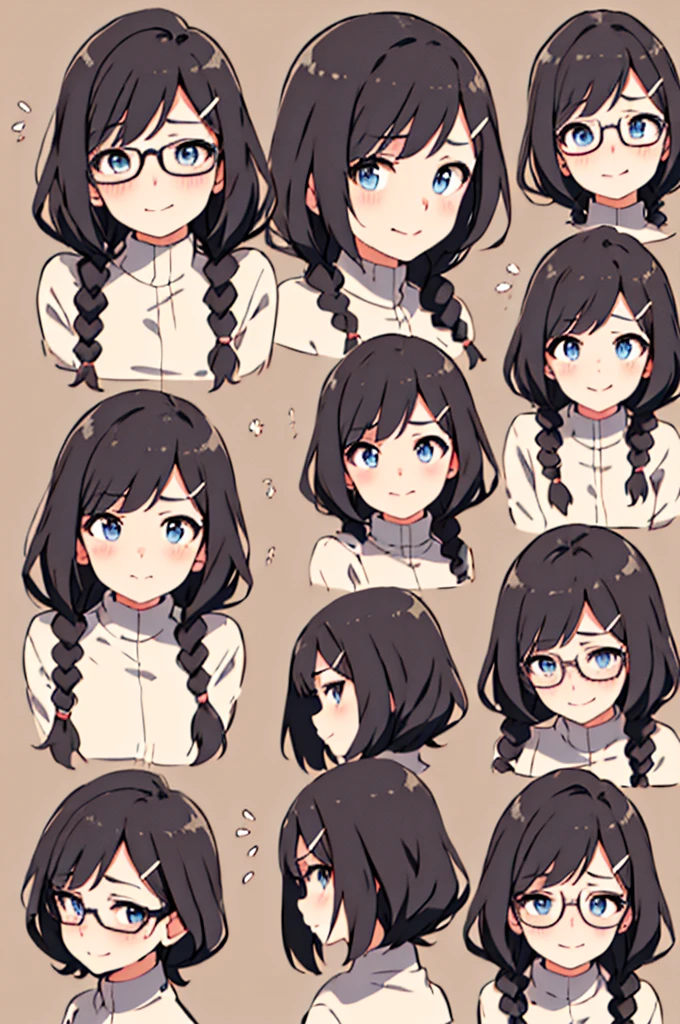 masterpiece, top-quality, One lady, The best smile, Japan people in their 20s, (A dark-haired, Short Bob Hair, emphasize curly hair, The whole hair has strong waves, With bangs, Gather the hair in the back with two braids(Length to the waist), attach hairpins to bangs), (thick eyebrow, draw thick eyebrows), (drooing eyes, Blue eyes, Blue eyes), Small nose, Thicker lips, (Rimless glasses, Small glasses, glasses for women), Wheat-toned skin, Realistic drawing of the whole body, (Looking at the camera, Front of camera, Look at viewers, Front attitude, Turn your face to the viewer, face forwards).