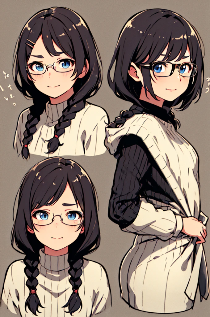 ​masterpiece, top-quality, One lady, The best smile, Japan people in their 20s, (A dark-haired, Short Bob Hair, emphasize curly hair, The whole hair has strong waves, With bangs, Gather the hair in the back with two braids(Length to the waist), attach hairpins to bangs), (thick eyebrow, draw thick eyebrows), (drooing eyes, Blue eyes, Blue eyes), Small nose, Thicker lips, (Rimless glasses, Small glasses, glasses for women), Wheat-toned skin, Realistic drawing of the whole body, (Looking at the camera, Front of camera, Look at viewers, Front attitude, Turn your face to the viewer, face forwards).