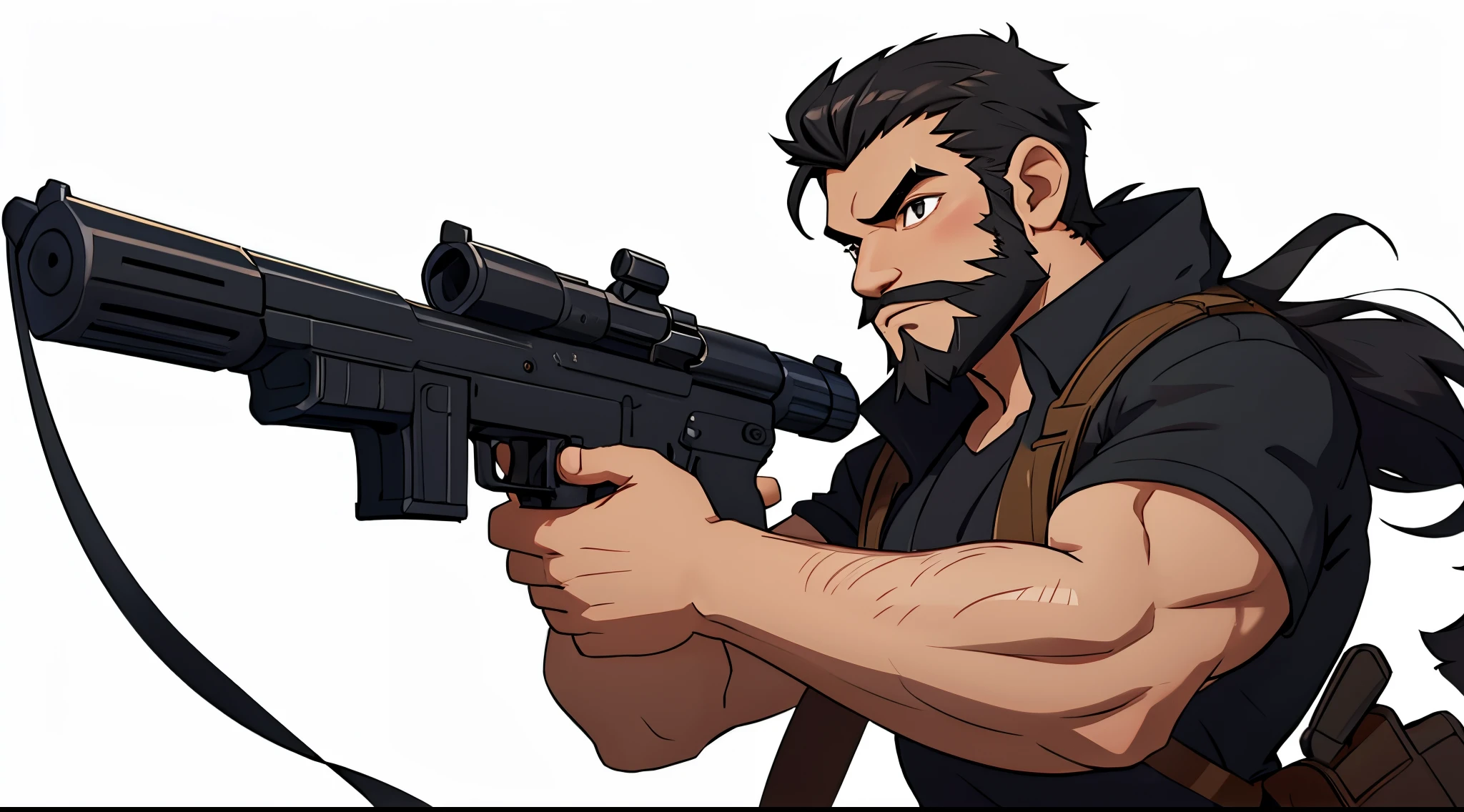 1 Man solo, solo. he has a short black beard and he has black flowing hair. holding gun. white background