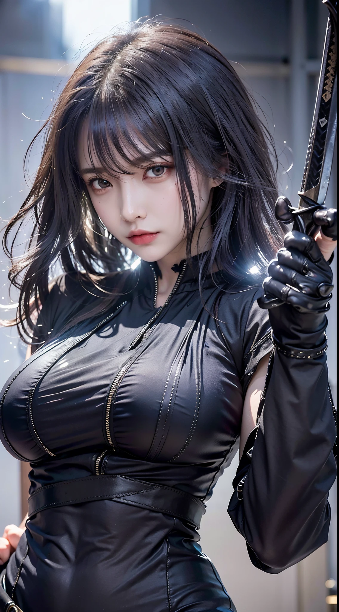 1 beautiful young girl, Super beautiful detailed face、 Symmetrical black eyes), hime cut hair, (Fine face:1.2), High quality, Realistic, Highly detailed CG unified 8K dendenden wallpaper, Highly detailed, High-definition raw color photos, Professional Photography, Realistic portrait, Cinematic Light, Beautiful detailed, Super Detail, high details, depth of fields, semi long hair、(Thighs Thighs Thighs Beautiful Legs Legs、 Super beautiful detailed face, (Best Quality, 4K, 8K, hight resolution, masutepiece:1.2), Ultra-detailed, (Realistic, Photorealistic, Photorealsitic:1.37), (Beautiful detailed eyes, Beautiful detailed lips, extremely detailed eye and face), (Big Tits, ultra gigantic tits, Glamorous body), ((battle garments)),(Long black straight hair, Shiny hair, Shiny skin), (Holding a weapon in your hands)、((Sharp eyes midnight cyberpunk city)、(pointing weapon at the viewer)、(Midnight City)、Midnight City、Leather handbags、Dark、(Holding a sword)、(Assassin's Clothing)、(FULL BODYSHOT)、(Holding a sword)、(Holding a sword)、Attitude