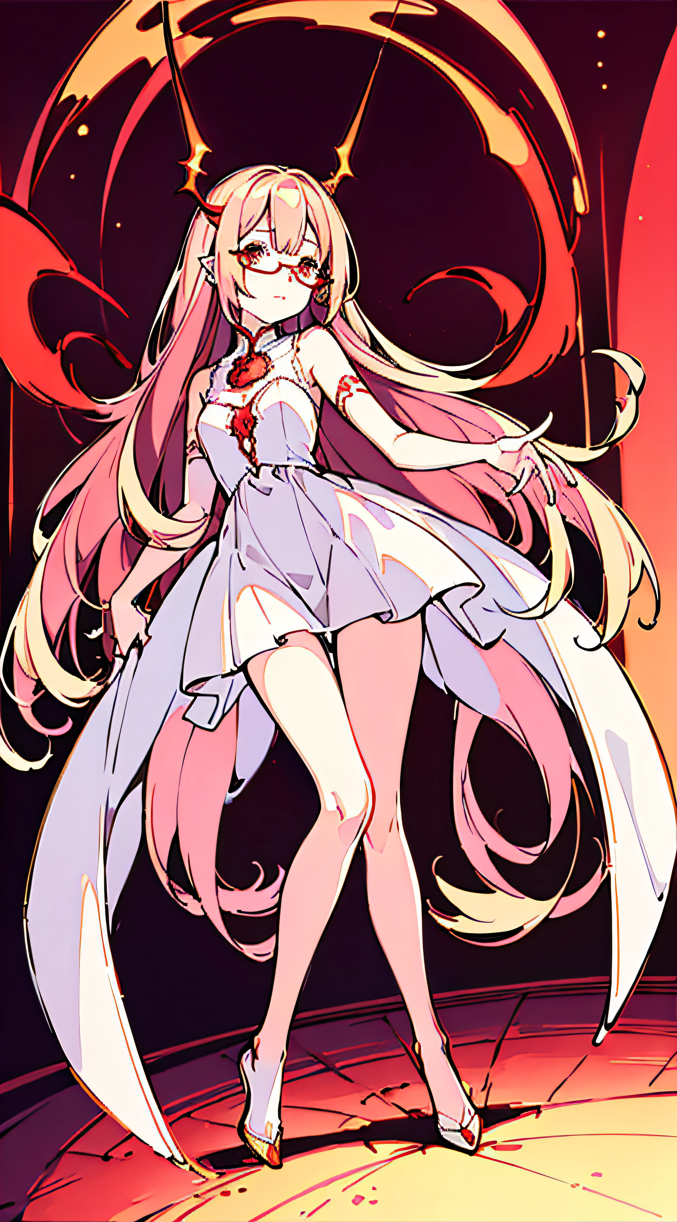 (best illumination, Extremely Delicate and Beautiful), Orange sky, 1girls, (Full body:1.2), White dress, Look up,high-detail, beautiful detail eyes,long-haired,pink hair, vampire, Red Eyes,looking at the audience,eyeglasses,blood background