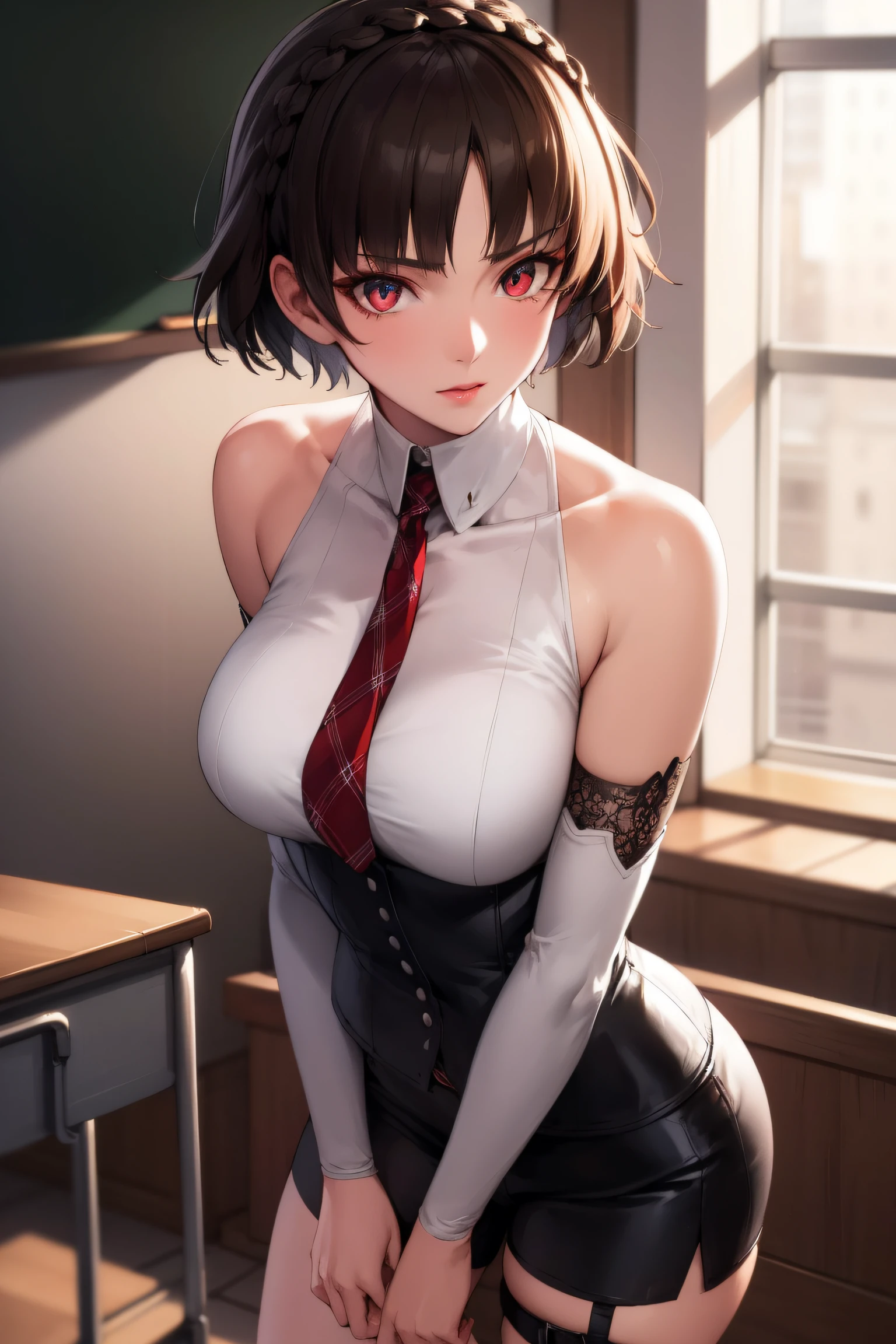 makotonijima, makoto nijima, blunt bangs, braid, brown hair, crown braid, (red eyes:1.3), short hair,
BREAK halterneck, see-through, blue necktie, black shorts, bare shoulders, white dress, detached sleeves, thigh strap,
BREAK looking at viewer,standing, leaning forward, arms behind back,
BREAK indoors, classroom,
BREAK (masterpiece:1.2), best quality, high resolution, unity 8k wallpaper, (illustration:0.8), (beautiful detailed eyes:1.6), extremely detailed face, perfect lighting, extremely detailed CG, (perfect hands, perfect anatomy),