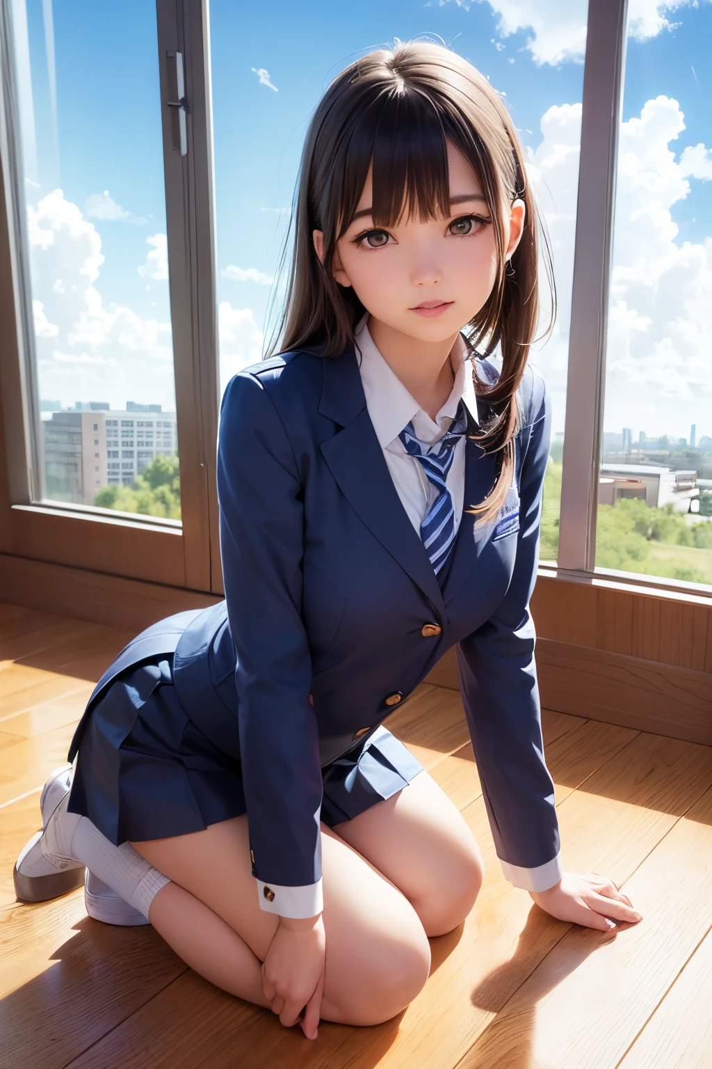 a  3DCG girl , 1girl, solo, Mischievous and playful girl ,,school uniform,classroom,((Blue sky and realistic clouds outside the window))(wooden floor)