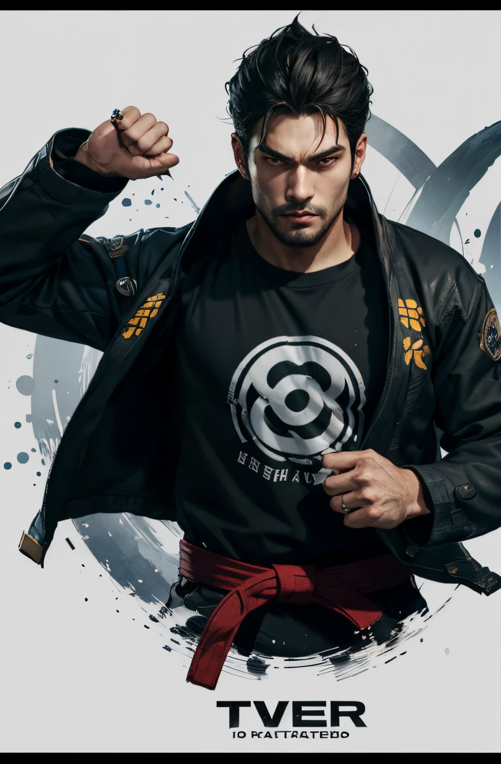 there is a man in a black jacket and a red belt, inspired by Kanō Hōgai, Kimura, inspired by Kanō Eitoku, personagem de jogo de luta, inspirado em Volkan Baga, inspired by Gatōken Shunshi, Pose de arte marcial, Wojtek FUS, inspirado em Nathan Oliveira, Not Kyrill Kotashev style