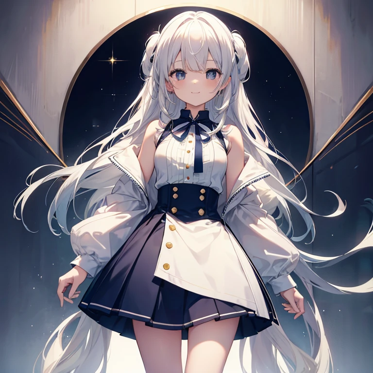 A sweet and innocent anime girl named Mika who has secrets and unique white hair with blue eyes and a soft face with a black skirt and white cropped top