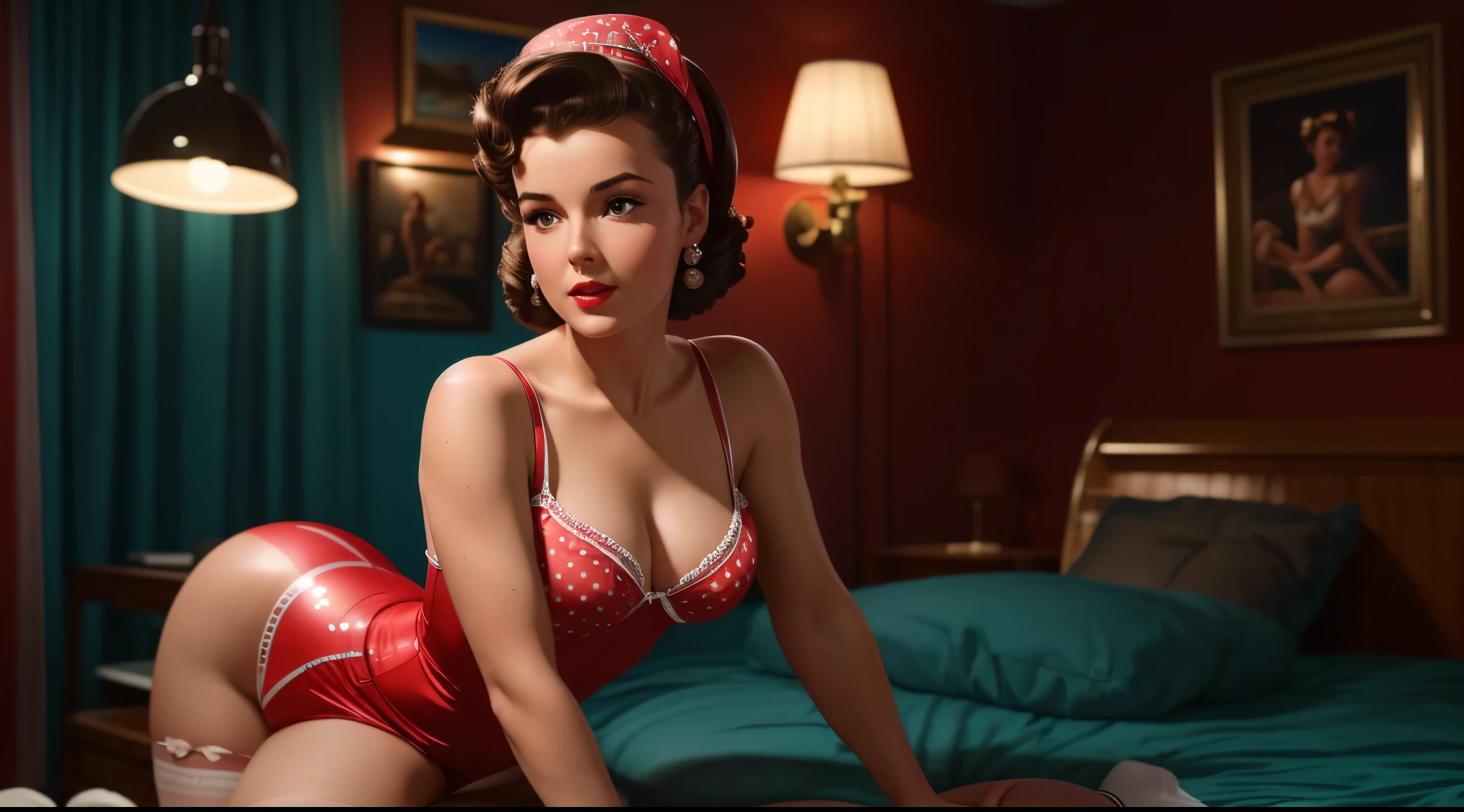 8K Ultra HD, high detail, highest quality, full-length. Create a color cinematic story featuring a 1950s pin-up girl.