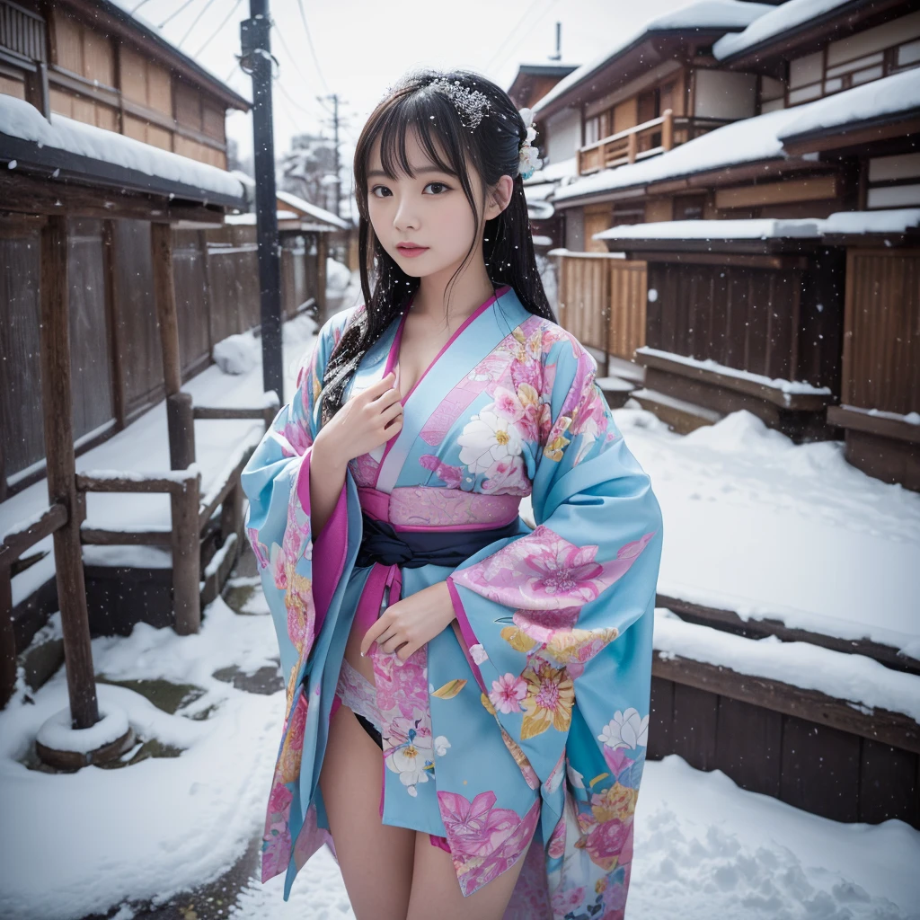 (Kimono)、(top-quality,masterpiece:1.3,超A high resolution),(ultra-detailliert,Caustics),(Photorealsitic:1.4,RAW shooting,)Ultra-realistic capture,A highly detailed,high-definition16Kfor human skin、 Natural skin texture、、The skin looks healthy with an even tone、 Use natural light and color,One Woman,japanes,kawaii,Beautie、A dark-haired,Very big big、Middle hair,(depth of fields、chromatic abberation、、Wide range of lighting、Natural Shading、)、hot onsen、(Falling snow:1.2)、(Hair swaying in the wind:1.2)、(Snow reflects light:1.1)、Cleavage can be seen through the exposed kimono、Legs visible through exposed kimono(Colorful garter belt)、all-fours