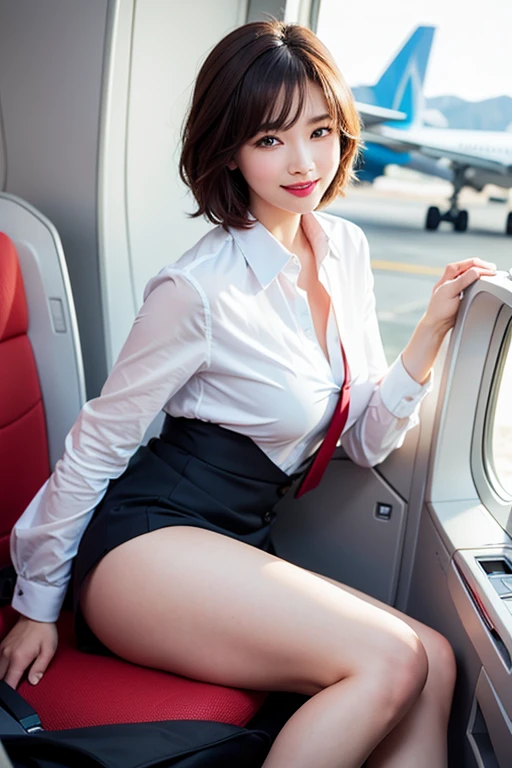 ????, 8K Raw photograph, quality, masterpiece, 超高分辨率, Film Particle, cinematic ligh, 1 girl in, Look at the audience and smile, Natural skin texture, Beautiful eyes and facial details, 's plump lips, lipstick makeup), Red Eyeshadow, Short fluffy hair, hair messy, A smile, Shut your mouth, pretty legs, Tall lady, skiny, Slim_leges, report,  Position your ???? towards you,  beautiful natural place, Around the position of the flower, (detailed airplane background),, ((Flight attendant:1.10))、 ((airplane background)), bblurry, fail, By bangs, jewely, Open lips, cparted lips, seen from the front, Depth of field lacks tight cabin crew)、Permanent、shot from afar、