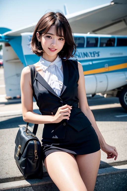 , 8K Raw photograph, quality, masterpiece, 超高分辨率, Film Particle, cinematic ligh, 1 girl in, Look at the audience and smile, Natural skin texture, Beautiful eyes and  details, 's plump lips, lipstick makeup), Red Eyeshadow, Short fluffy hair, hair messy, A smile, Shut your mouth, pretty legs, Tall lady, skiny, Slim_leges, report,  Position your  towards you,  beautiful natural place, Around the position of the flower, (detailed airplane background),, ((Flight attendant:1.10))、 ((airplane background)), bblurry, fail, By bangs, jewely, Open lips, cparted lips, seen from the front, Depth of field lacks tight cabin crew)、Permanent、shot from afar、