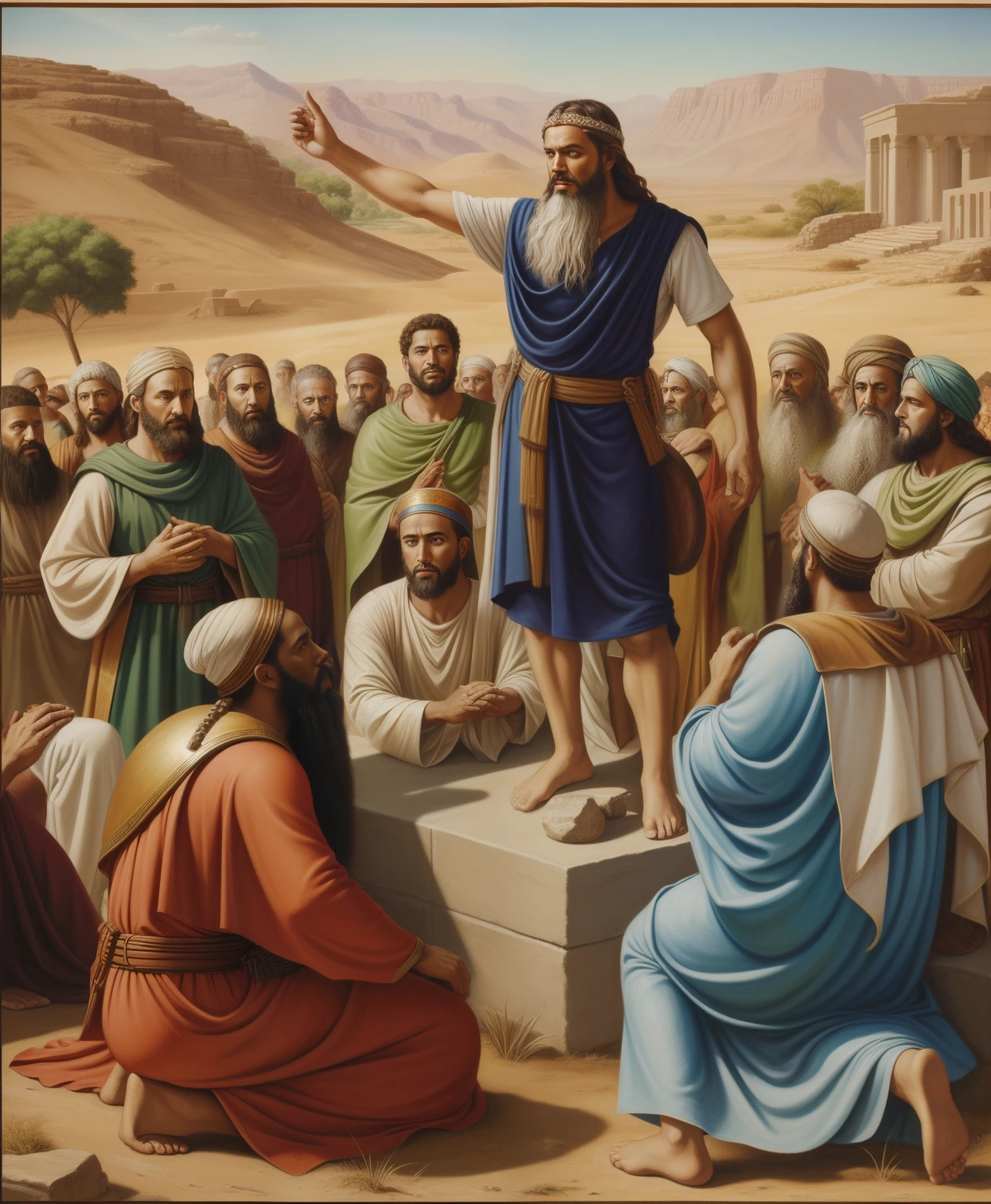 a prophetic painting in front of a group of people, bible illustration, biblical art style, biblical art, biblical image, epic biblical representation, biblical painting, Ancient Biblical, sermon of philistine greed, moses, Directed by: Sidney Simon, Directed by: Bernard Meninsky, Directed by: Joseph Henderson, biblical clothing, Directed by: Scott M. Fischer, Directed by: Leonardo Longo, corrigir rostos, no imperfections