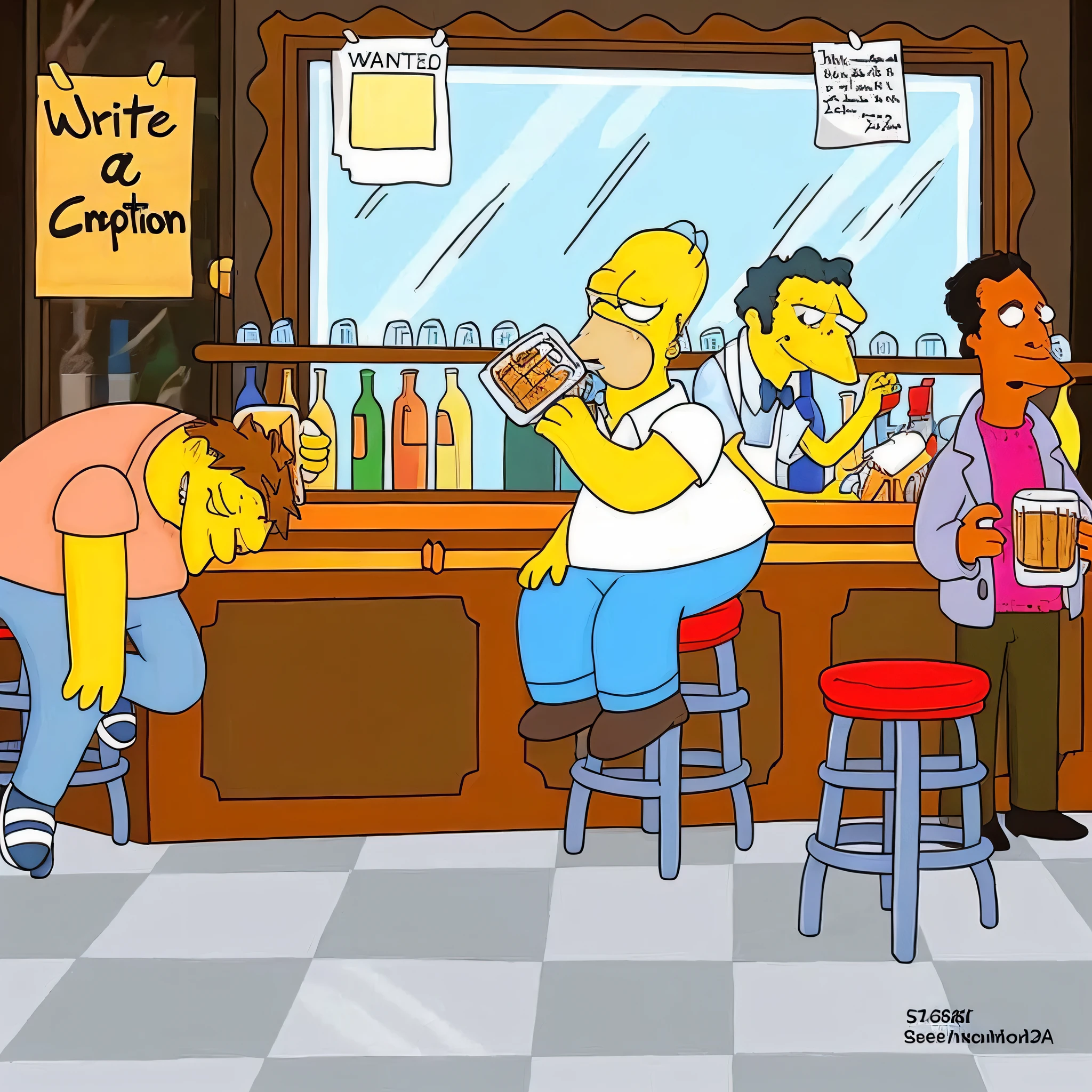 Generate a realistic style logo etiqueta de cerveza of a man feliz sitting on the floor smoking a cigarette, woman feliz sitting on the floor drinking a bottle of whiskey, back to back,text "BEODOS", barril de cerveza, Homer Simpson, Marge Simpson, bar de Moe