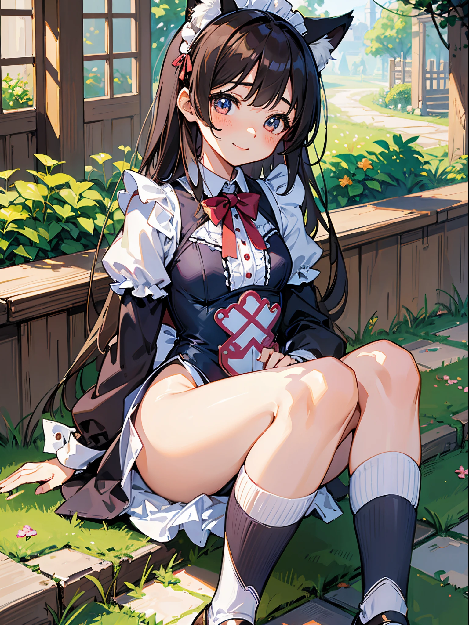 Beautiful illustration、top-quality、cute it girl、(transform sequence)、((maid style leotard))、10y old、eletaryeautiful girl、Fractal Art、baby-face、((stright long haiBeaut big drooping eyes、A smile、Full Body Display、Western-style garden、(1 persons)、long-sleeve、landscaped gardens、(knee high socks)、(highleg)、Fox ears、