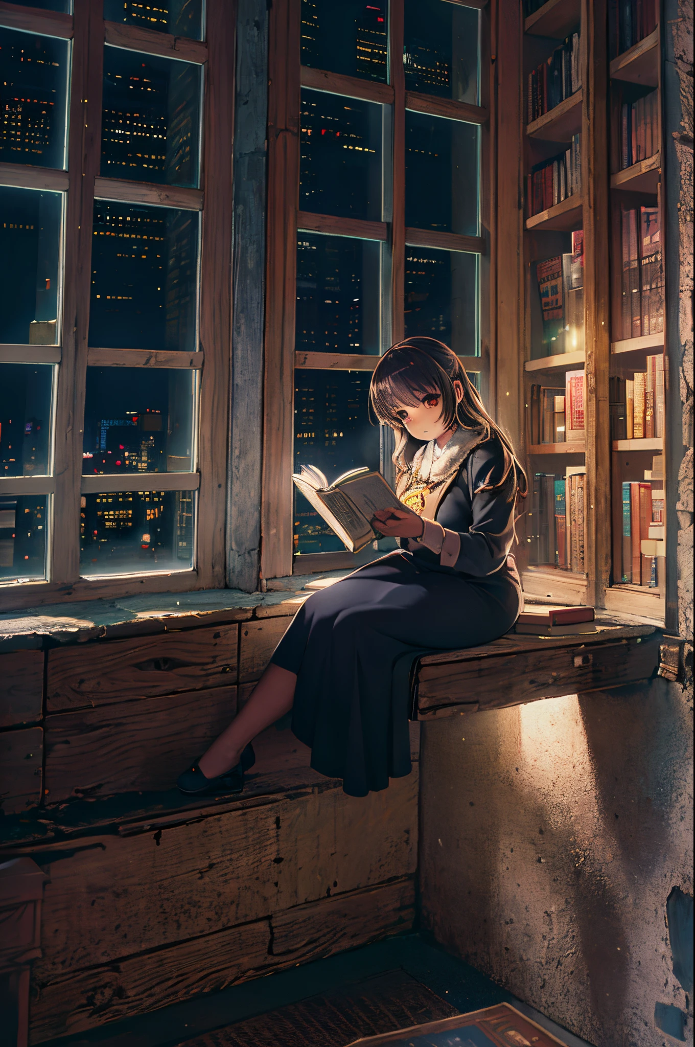 Arafed woman sitting on the window sill and reading a book、Storybook Wide Shot::HD、near a window、Sitting in the castle、Leaning against the window、dramatic reading book pose、books portrait、wide portrait、read the corner、Dramatic Reading Magic Book Pose、Window light、inspired by Balthus、reading in a library、near a window、night cityscape、fantastic light at night