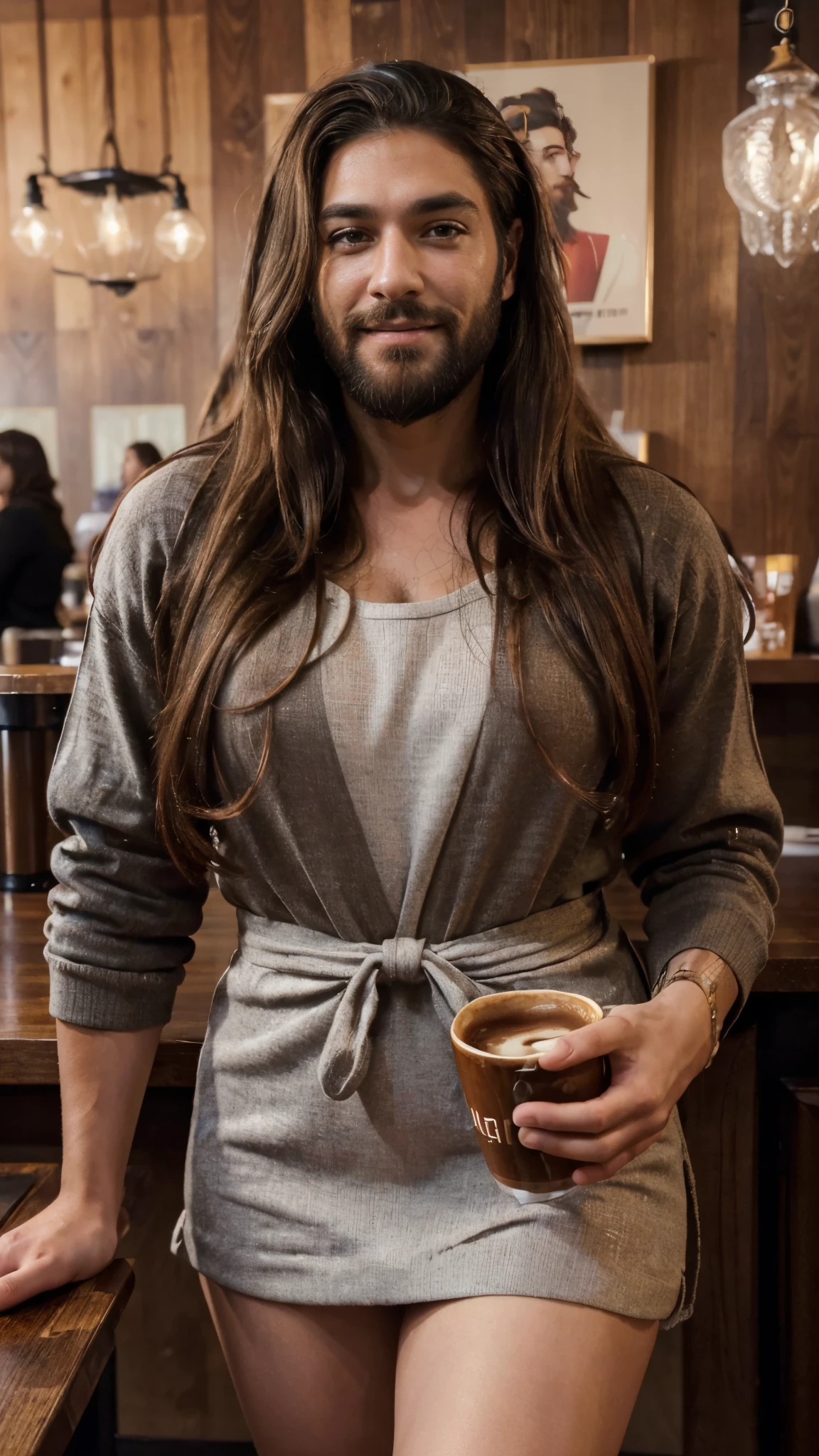(best quality,4k,highres,ultra-detailed,realistic:1.37),vibrant portrait,beautiful cafe worker lady with a long big beard,long beautiful hair,manly chiseled face,expressive eyes,lovely smile,stylish outfit,confident stance,coffee cup,cozy atmosphere,artistic lighting,rich color palette,bokeh