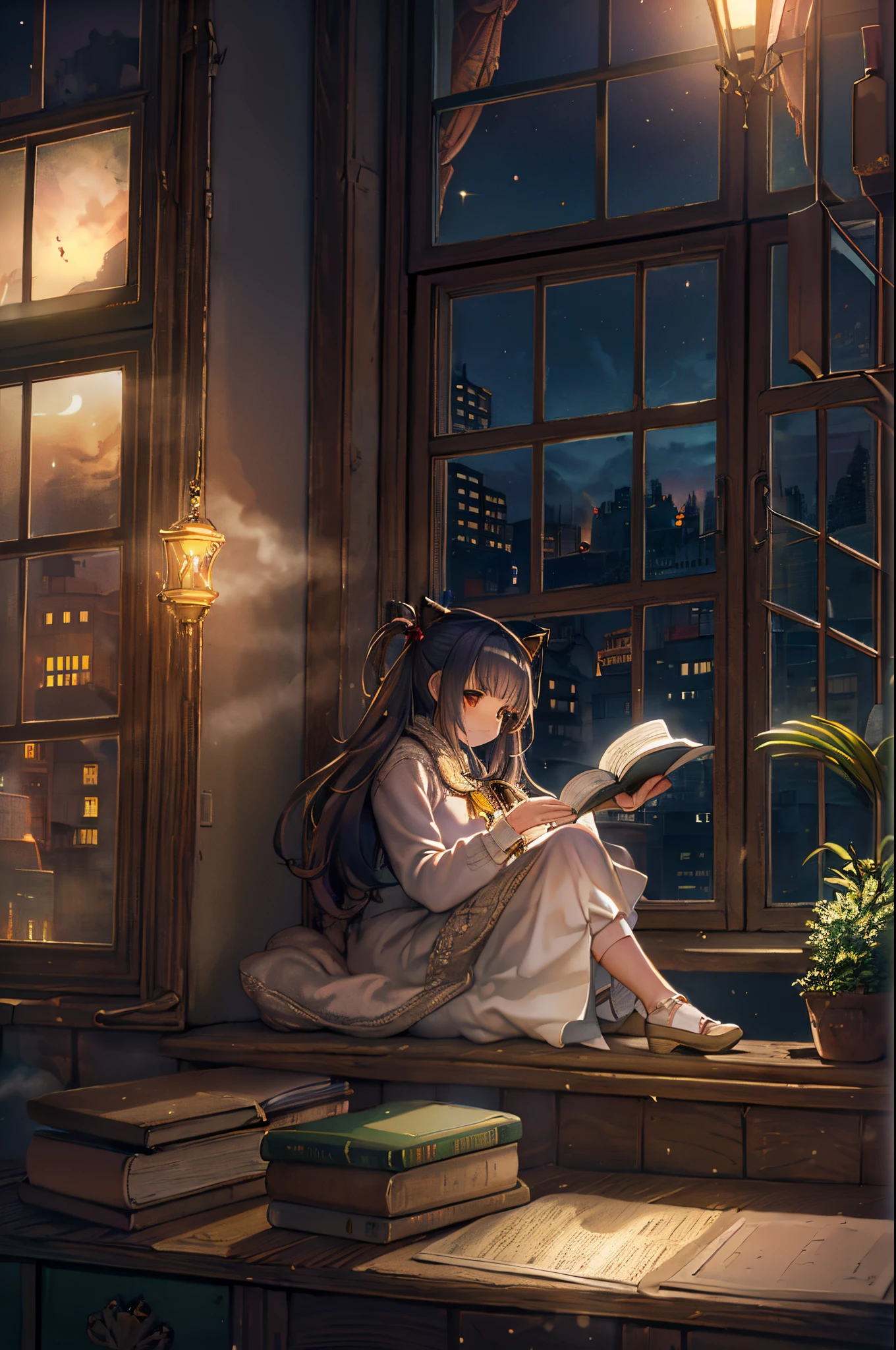 Arafed woman sitting on the window sill and reading a book、Storybook Wide Shot::HD、near a window、Sitting in the castle、Leaning against the window、dramatic reading book pose、books portrait、wide portrait、read the corner、Dramatic Reading Magic Book Pose、Window light、inspired by Balthus、reading in a library、near a window、night cityscape、fantastic light at night