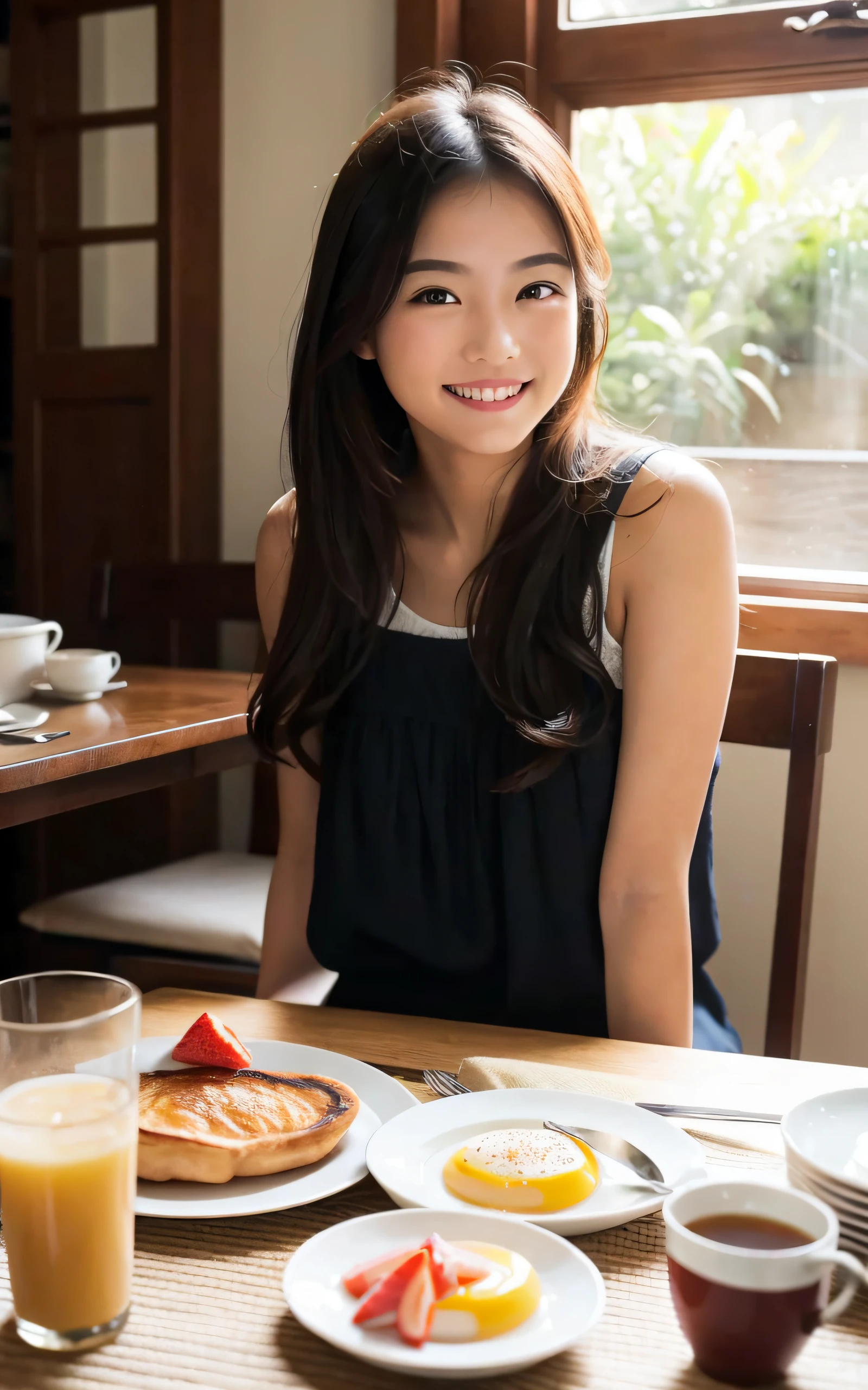 1girl in, morning, Breakfast, dining room, Sitting, relax, Smile