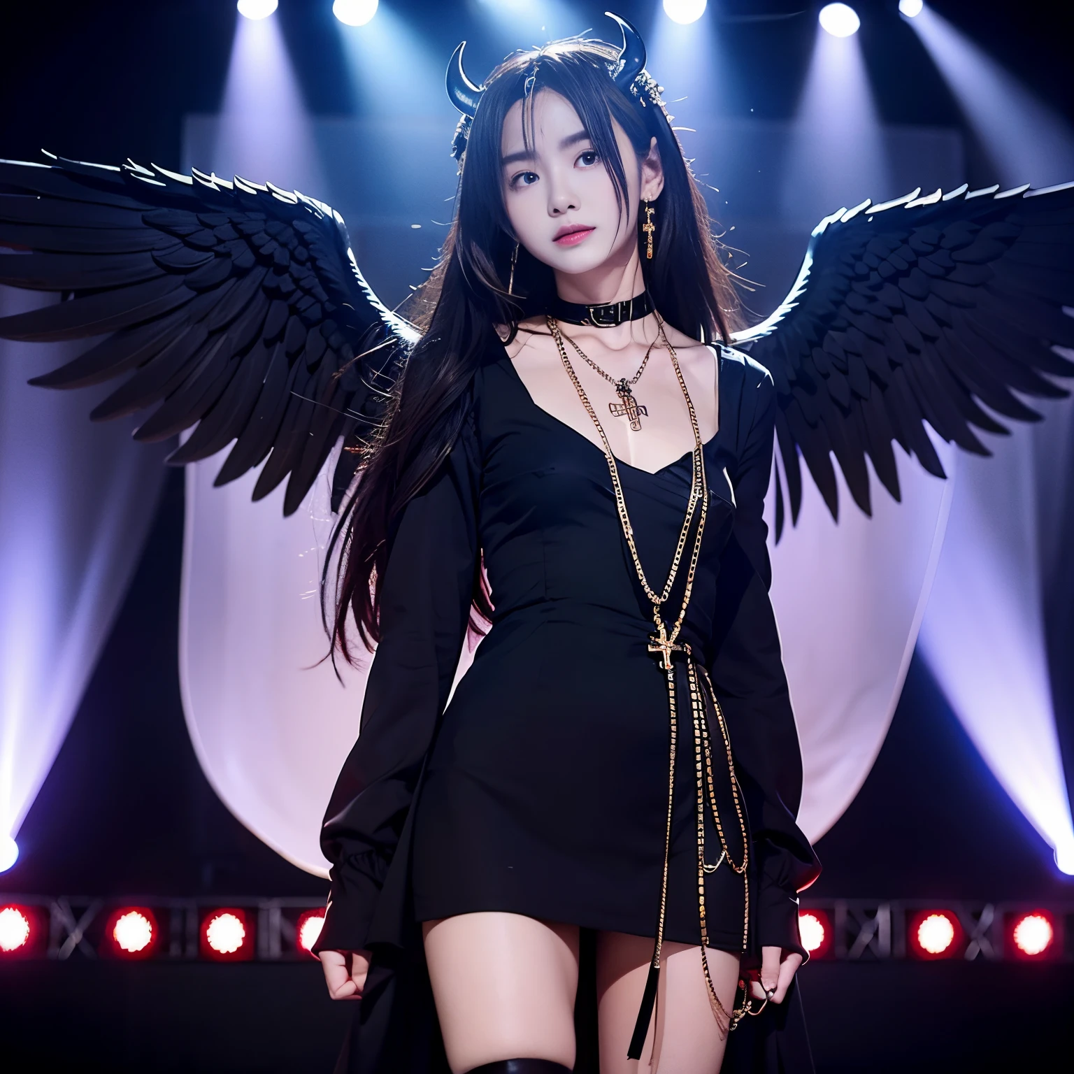 sunglasses, 1 girl with jesus, black dress, wings, black wings, angel, halo, demon horns, standing on the stage, choker, midget, super villain, stand, look at the viewer, cross necklace, earrings, jewellery, jesus, jesus christ, cross tatto, sunglasses