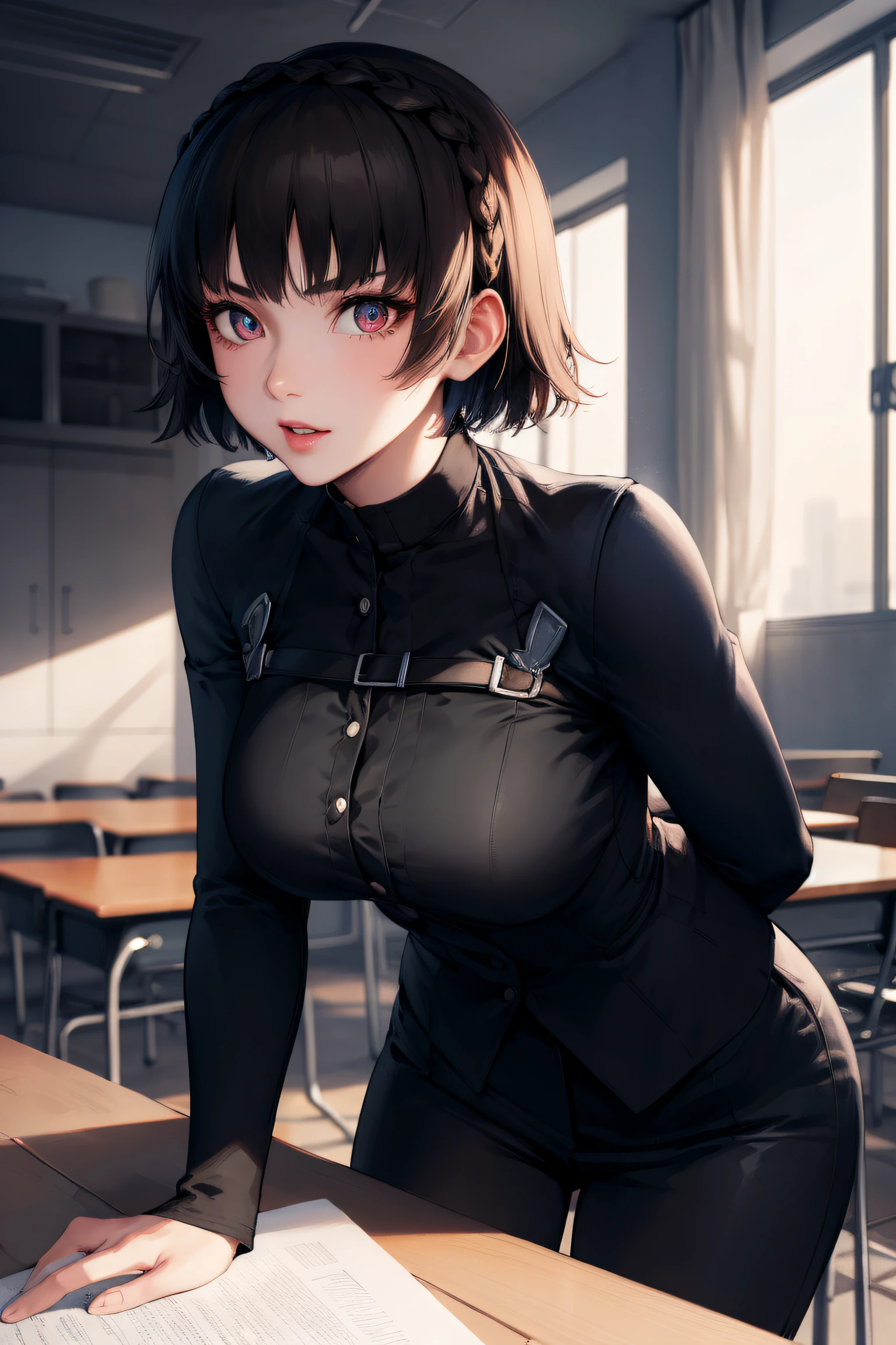 makotonijima, makoto nijima, blunt bangs, braid, brown hair, crown braid, (red eyes:1.3), short hair,
BREAK blouse and cardigan,
BREAK looking at viewer,standing, leaning forward, arms behind back,
BREAK indoors, classroom,
BREAK (masterpiece:1.2), best quality, high resolution, unity 8k wallpaper, (illustration:0.8), (beautiful detailed eyes:1.6), extremely detailed face, perfect lighting, extremely detailed CG, (perfect hands, perfect anatomy),