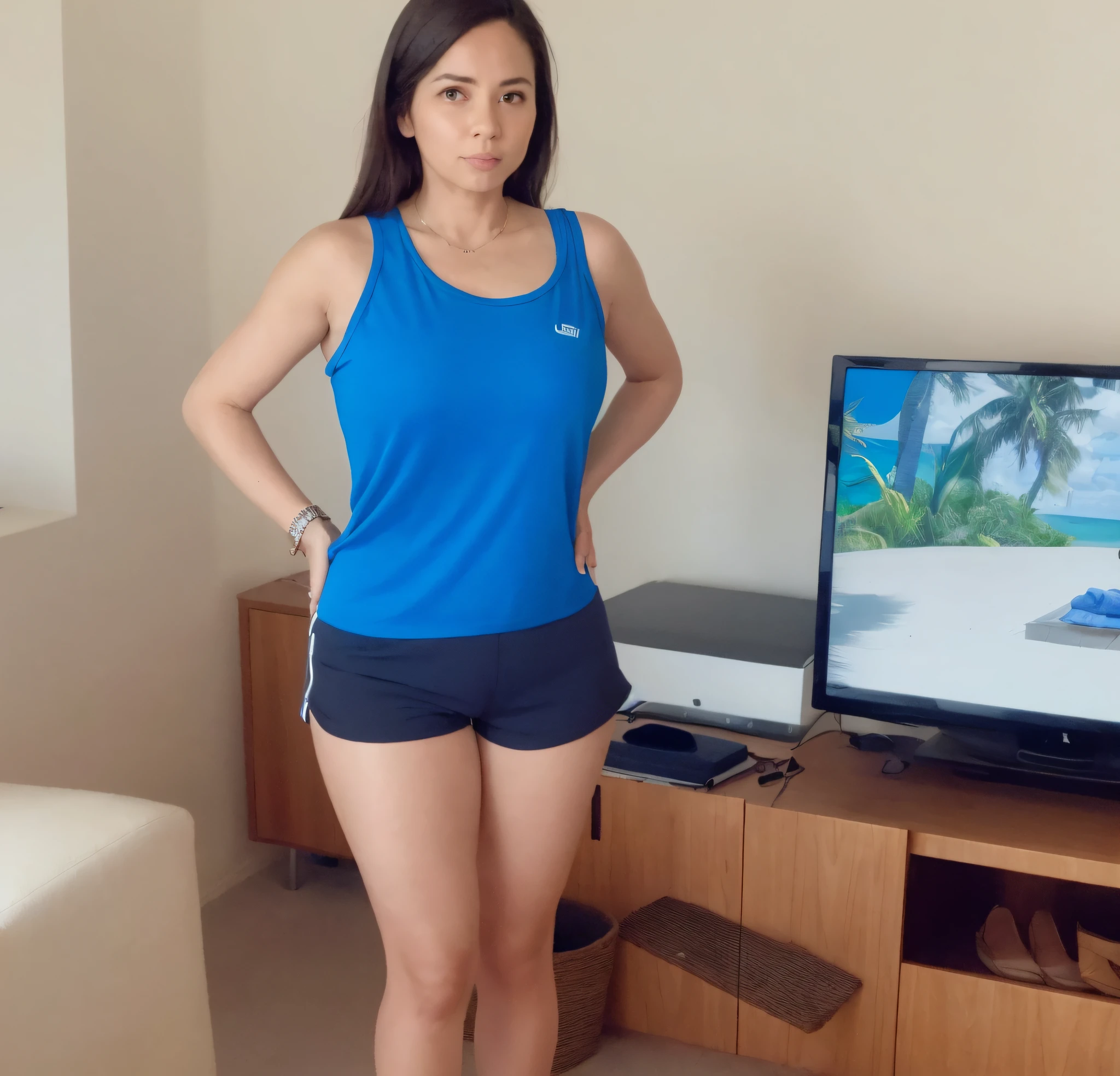 There is a woman in front of a television in a living room, sport bra and dark blue shorts, vestindo regata e bermuda, sport bra and shorts, vestindo camisola e shorts, vestido com um top e shorts, usando equipamento de fitness, Bermudas, Photo adjustment, 3 5 year brazilian mother, vestindo bermuda e camiseta, 4 5 I