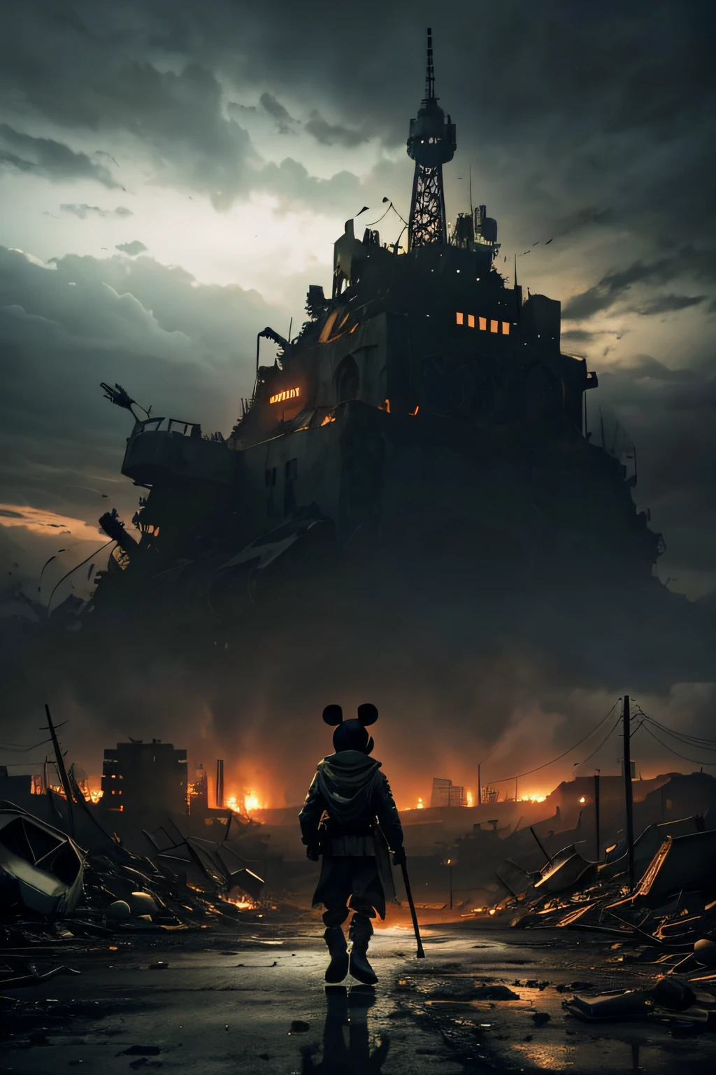 Generate an image depicting Mickey Mouse walking solemnly through an apocalyptic wasteland. Capture the contrast between Mickey's cheerful demeanor and the desolate surroundings. Dress Mickey in weathered, post-apocalyptic attire, and use Vallejo's style to emphasize the harshness of the environment. Incorporate ruined buildings, barren landscapes, and ominous skies to convey the severity of the apocalypse. Employ dramatic lighting to enhance the overall atmosphere, blending the iconic innocence of Mickey with the grim reality of the devastated world.