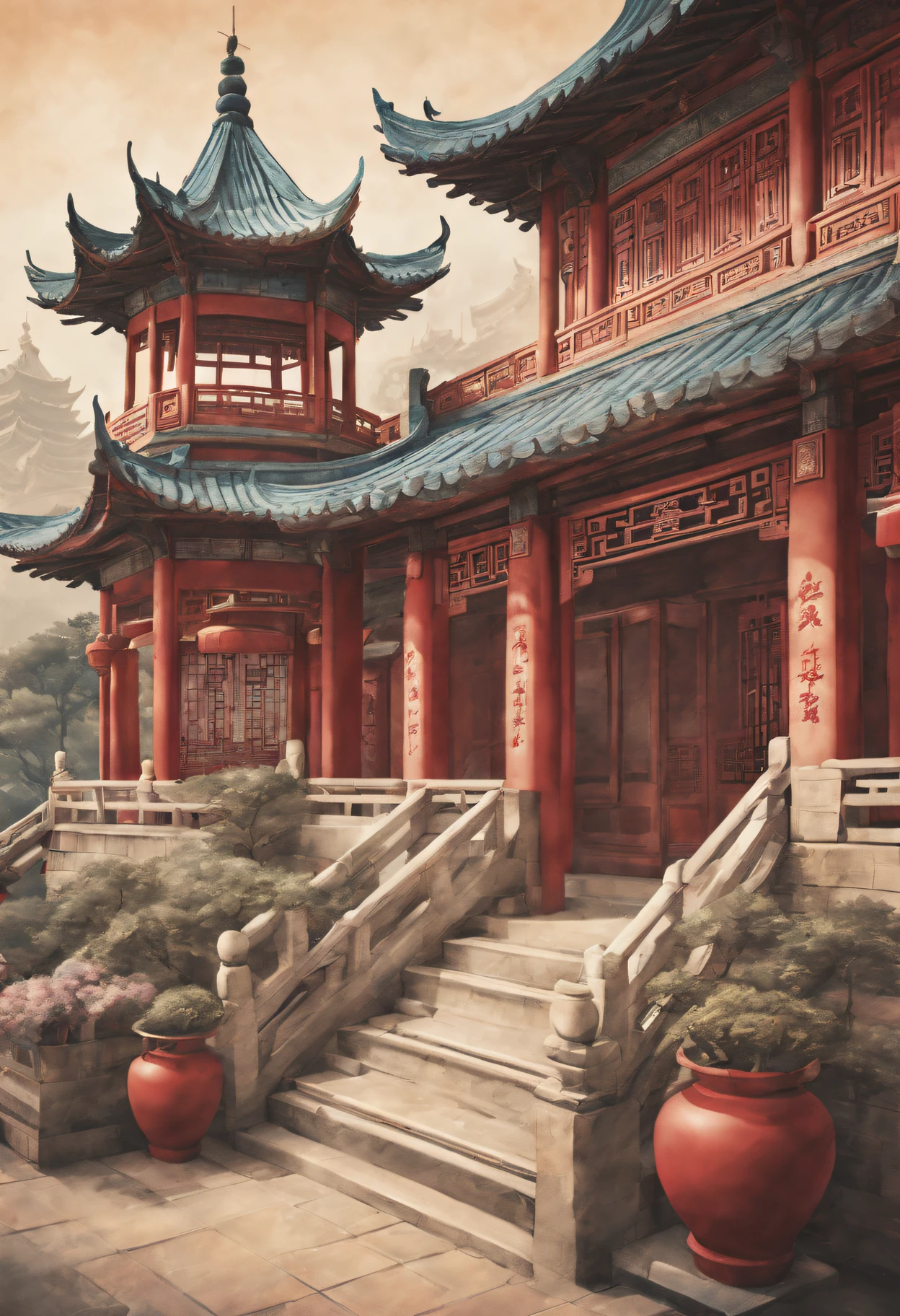 The front  a postcard of Chinese architecture. (Best quality at best, A high resolution:1.2), ultra - detailed, professional, vivd colour, sportrait, The landscape, Concept artist, Focus sharp, HighDynamicRange, Studio lighting. [line drawn, vintagestyle], (Exquisite, iintricate, nice) line work, (Elegant, Regal) architecture, (attractive cleavage, Thrilling) skylines, [nostalgic ambiance, faded], warm color palette, (natural, The soft) lamplight, [antique texture, old fashioned look],(Typographic wireframe logo with stamp place and recipient、Name format).
