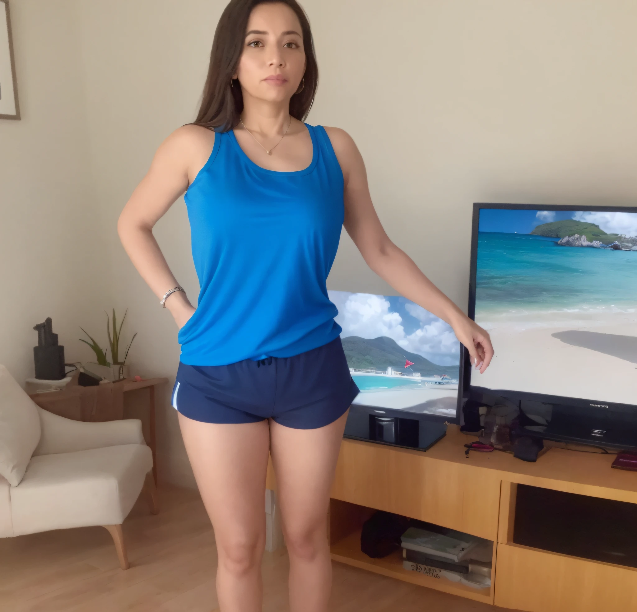 there is a woman standing in front of a television in a living room, short sports shorts and tight, short dark blue shorts, wearing a blue tank top and tight, short shorts, t-shirt and sports shorts, wearing a t-shirt and tight, short shorts, wearing equipment gym, in short shorts, dressed in a top and shorts, short blue shorts, 35-year-old Brazilian mother using gym equipment, fitness body. Full body photo in high resolution and high quality, 8k.