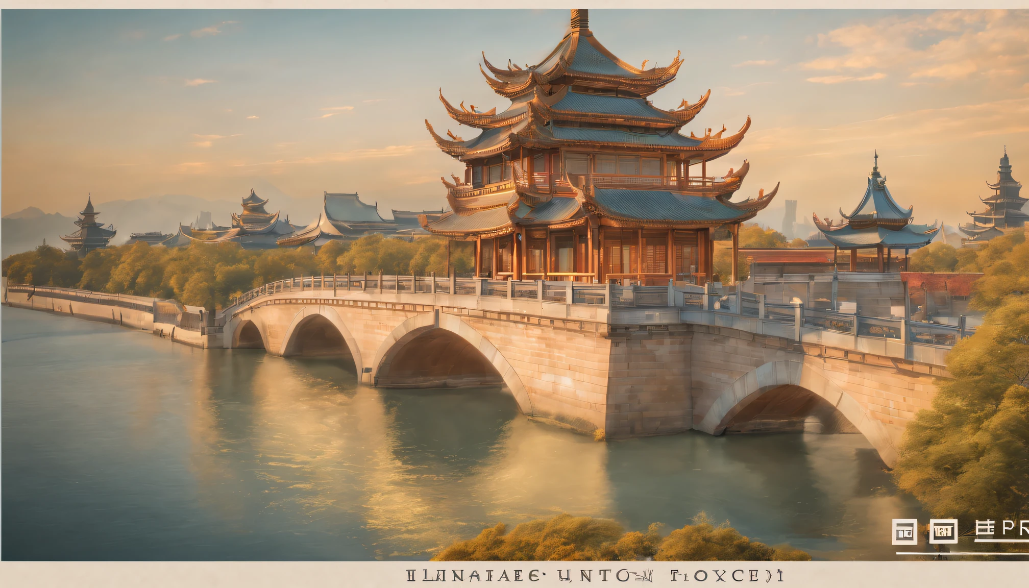 Postal postcard with Chinese architecture on the front. [line drawn, vintagestyle], (Exquisite, iintricate, nice) line work, (Elegant, Regal) architecture, (attractive cleavage, Thrilling) skylines, [nostalgic ambiance, faded], warm color palette, (natural, The soft) lamplight, [antique texture, old fashioned look],(Typographic wireframe logo with stamp place and recipient、Name format).(Best quality at best, A high resolution:1.2), ultra - detailed, professional, vivd colour, sportrait, The landscape, Concept artist, Focus sharp, HighDynamicRange, Studio lighting.