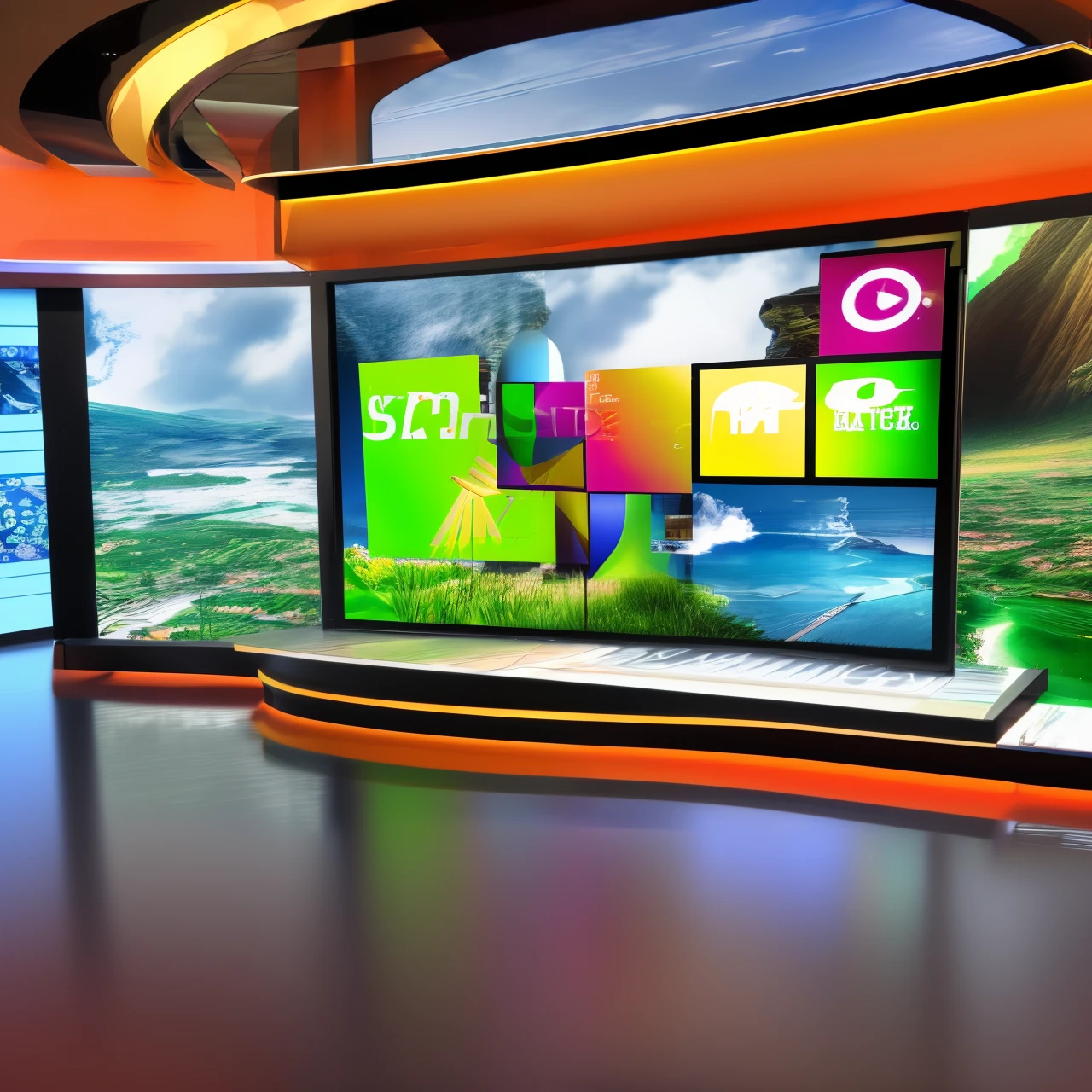 news studio background, with big tv on the left side, 16:9 landscape mode, --auto --s2