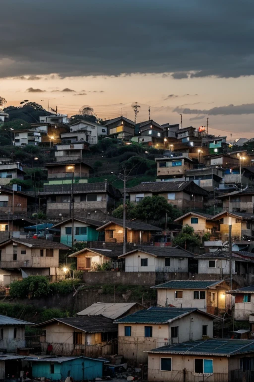 certo, now make a mind map with 5 topics, sendo eles, o principal "favela nova brasil" bem no meio destacado em cores brancas. o restante todos ligados nele, contendo "Estado", "Policia", "direitos fundamentais" e "corte interamericana". Attention, I want you to make a dark image behind the Topics of a hill full of houses, like a slum without lighting. And the topics are all blank, highlighting the first one