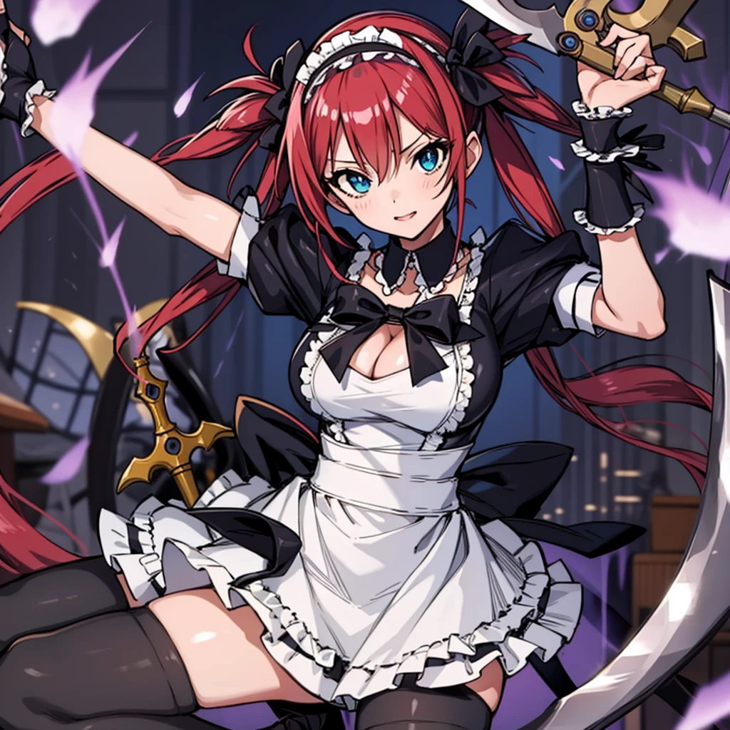 masutepiece, Best Quality, Airlib 4, 1girl in, Solo, thighs thighs thighs thighs, black thighhighs, Apron, zettai ryouiki, maid, Maid headdress, large Scythe, cleavage, Wrist cuffs