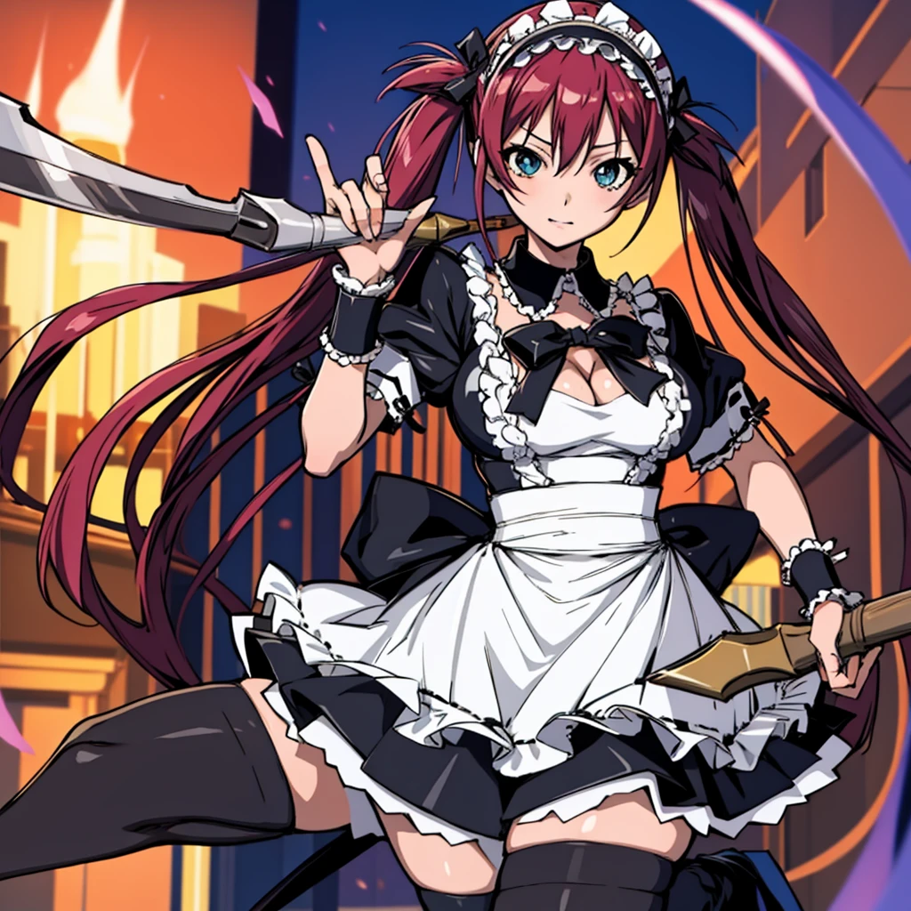 masutepiece, Best Quality, Airlib 4, 1girl in, Solo, thighs thighs thighs thighs, black thighhighs, Apron, zettai ryouiki, maid, Maid headdress, large Scythe, cleavage, Wrist cuffs