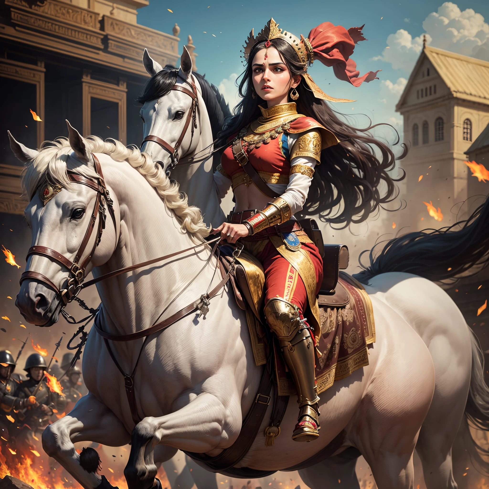 Illustrate a scene from a historic battle, portraying Rani Laxmi Bai mounted on her horse, leading troops with determination amidst the chaos of war, capturing the intensity and realism of the moment. --auto --s2