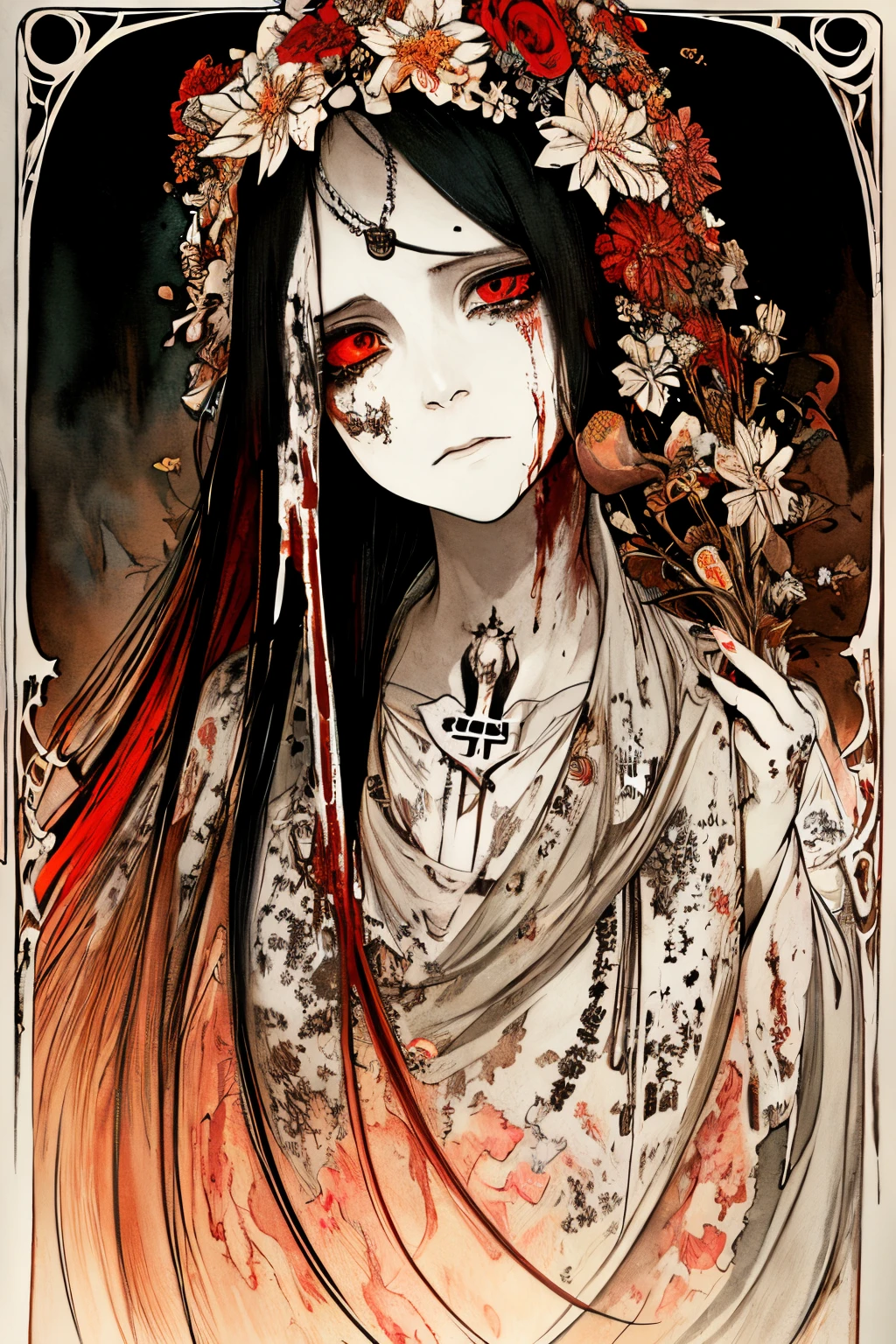 SFW,masutepiece, Best Quality, High resolution, 1woman, upper body, Details , detail hands, Detail fingers, Detail Face, detail legs, watercolor paiting, in graveyard, black hair, long hair, tattered clothes, black eyes, zombie, skull, bone, (art nouveau:1.25), Maximalism artstyle, neon theme, suprematism, crying, beautiful detailed eyes,hyper detailed, beautifuly color, high details, high quality, back light, upper body , high quality, hair with body, cluster amaryllis, zombie, rotungwoka person, priest, black tears, shed tears,