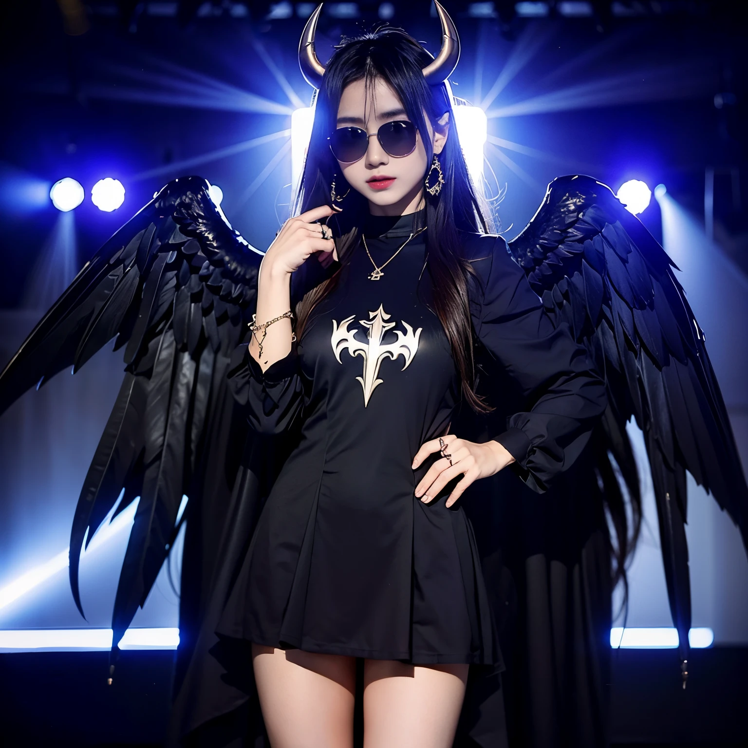 sunglasses, 1 girl with jesus, black dress, wings, black wings, angel, halo, demon horns, standing on the stage, choker, midget, super villain, stand, look at the viewer, cross necklace, earrings, jewellery, jesus, jesus christ, cross tatto, sunglasses