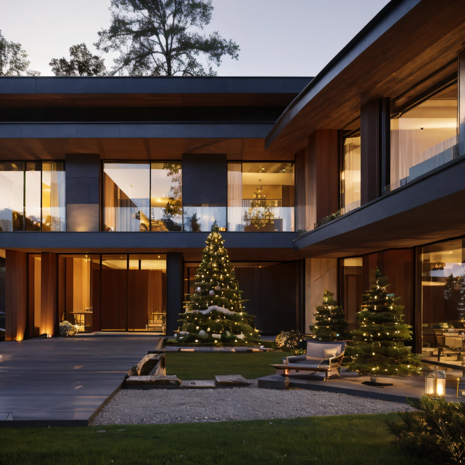 a villa morden, glass window, stone, garden, Christmas, Christmas tree,sunset
