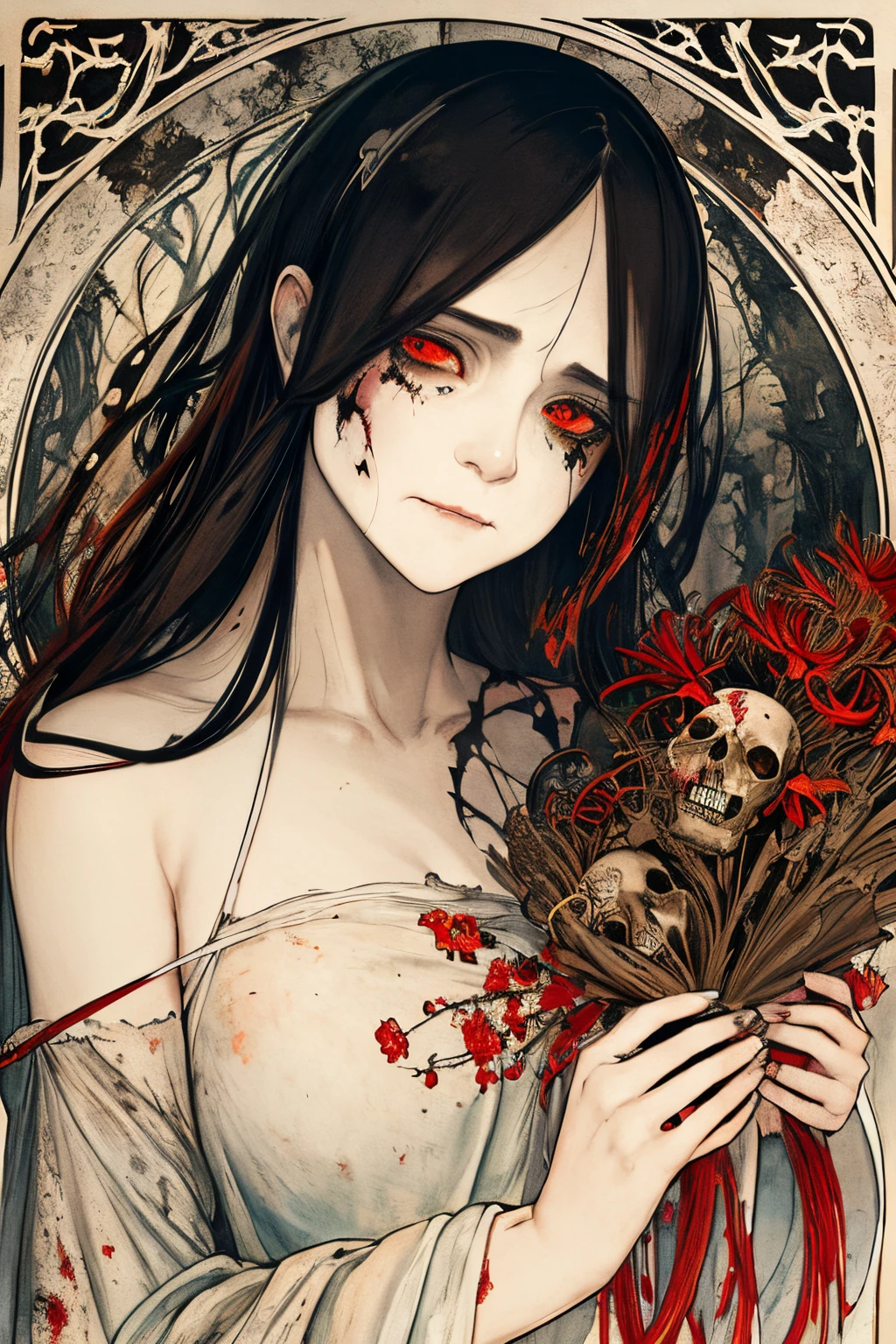 SFW,masutepiece, Best Quality, High resolution, 1woman, upper body, Details , detail hands, Detail fingers, Detail Face, detail legs, watercolor paiting, in graveyard, black hair, long hair, tattered clothes, black eyes, zombie, skull, bone, (art nouveau:1.25), Maximalism artstyle, neon theme, suprematism, crying, beautiful detailed eyes,hyper detailed, beautifuly color, high details, high quality, back light, upper body , high quality, hair with body, cluster amaryllis, zombie, rotungwoka person, priest, black tears, shed tears,