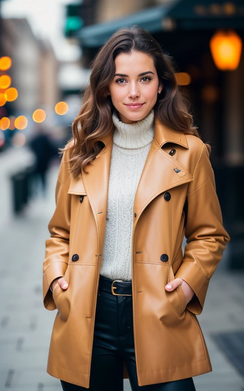 Beautiful woman with brown hair , A woman in a brown coat stands on the sidewalk in the city with lights, sophisticated young woman in a brown leather coat, Woman in a raincoat, attractive female, a photo of woman, Woman in business suit, well-lit professional photo, wear an extravagant jacket, brown jacket, medium shot portrait of gorgeous, 60mm portrait, in a long coatyellow sweater (I accept cummmmm, Very detailed, 21 old years, Innocent Face, natural wavy hair, blue eyes, High Resolution, Masterpiece, Best Quality, intricate details, Highly detailed, sharp-focus, detailed skin, realistic skin texture, texture, 詳細な目, Professional, 4k, Adorable smile, shot on Canon, 85mm, Shallow depth of field, Kodak Vision Color, a perfect fit body, Extremely detailed, a photo of a_\(ultra\), Photorealistic, Realistic, postprocessed, max detail, roughness, Real life, ultra realistis, photo realism, photografic, 8K UHD, photografic