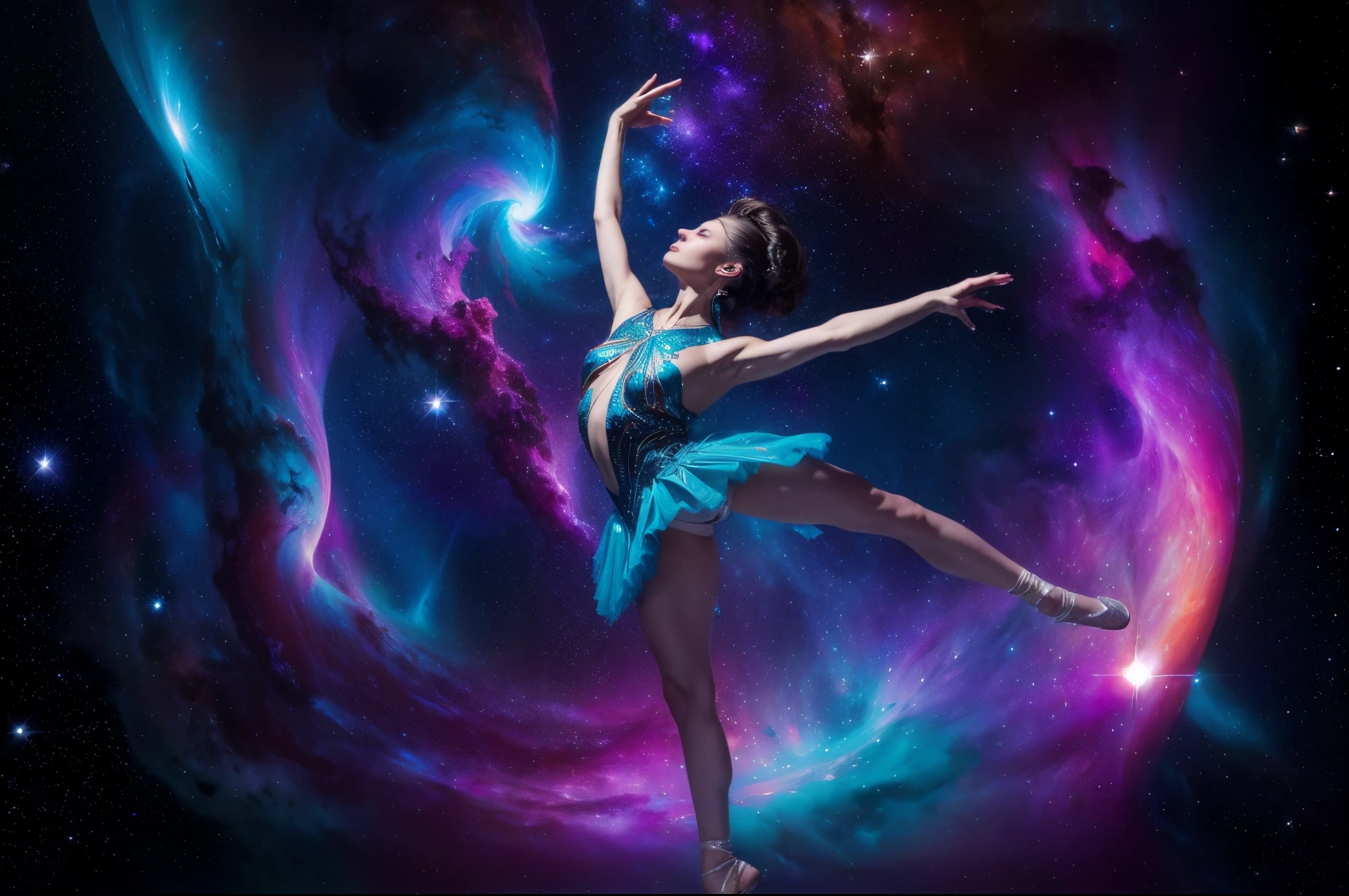 Generate an image of cosmic dancers in a surreal ballet within a nebula, showcasing realistic rendering of their graceful movements and the vibrant colors of interstellar gases. enormous 