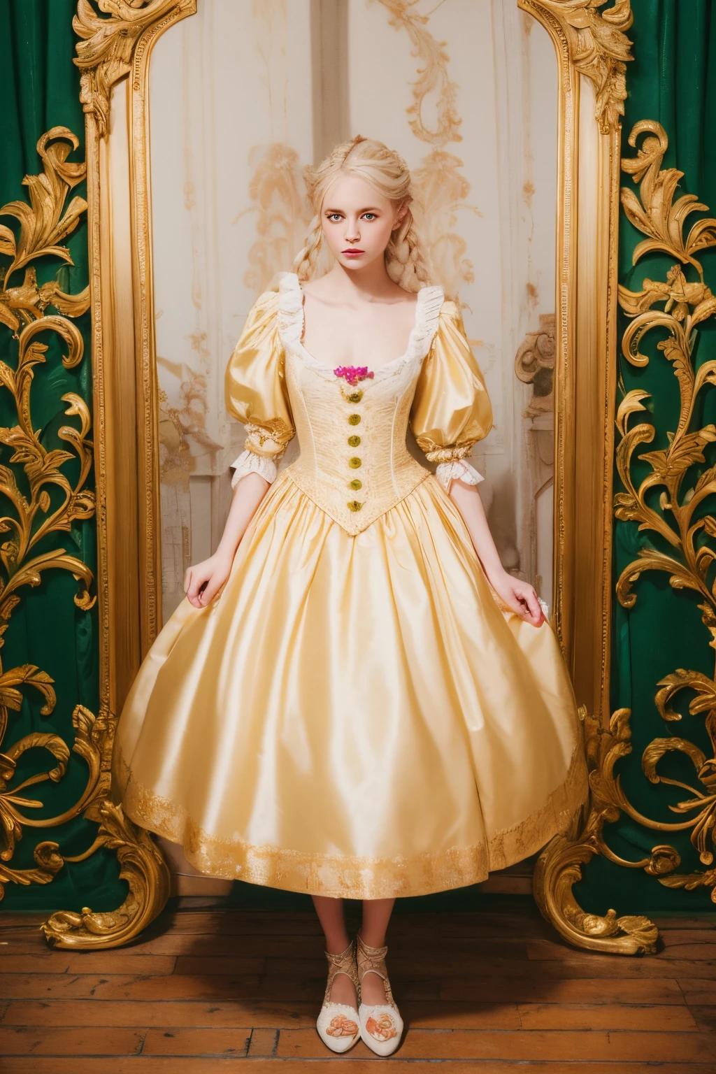 blonde hair, french braid, rococo style, projected inset, framed, best quality,Colorful clotheull bodyesbian,european female,Need,tmasterpiece,There are hands,There are feet,stand posture,Golden eyes