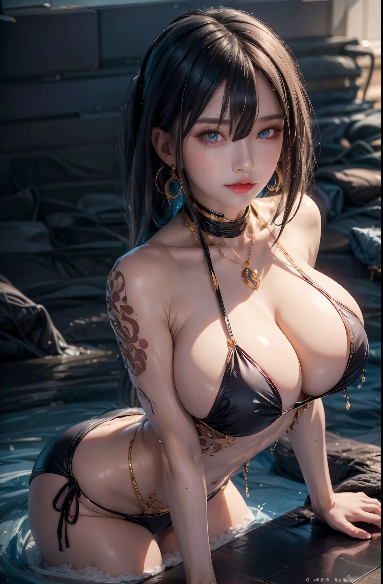 realistic, 1 women, best quality, 12k, HD, long hair, big round breasts, cleavage, ponytail, necklace, jewelry, shorts, short jacket, slim hips, hair tie, yellow eyes, black hair, super detailed, Eye details, hair details, person details, mouth details, face details, breast details, clothes details, hair details, pants details, hand details, whole body