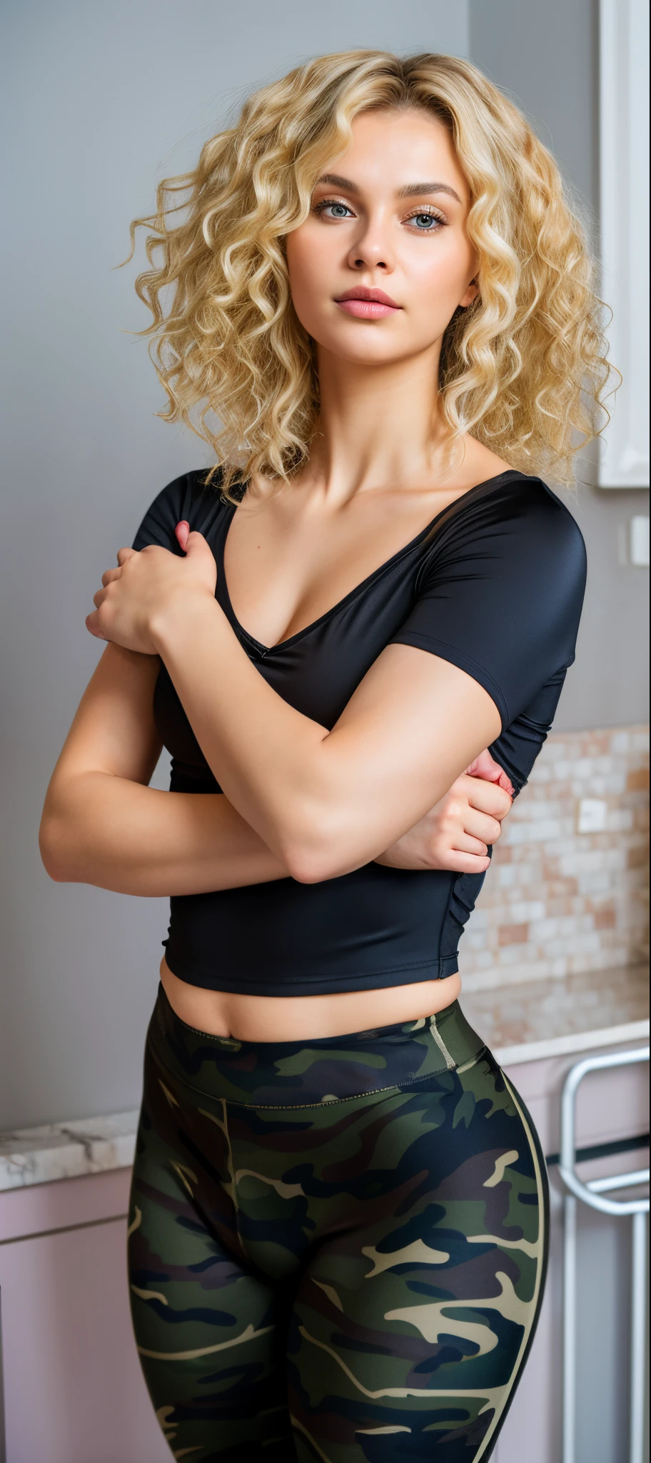 Curvy woman with curly blonde hair and black top and camouflage leggings posing for a photo, arms crossed on chest, posing with crossed arms, arms crossed, Alina Ivanchenko, toned arms, folded arms, Martina Fackova, Viktoria Gavrilenko, arms to side, Alexandra Waliszewska, folded arms, Olga Zakharova, skinny upper arms
