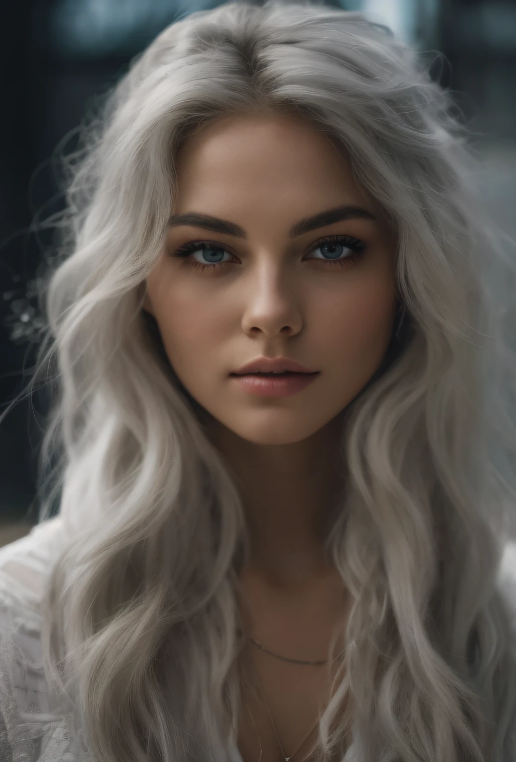 a close up of a woman with long hair and a necklace, soft portrait shot 8 k, perfect white haired girl, photo of a beautiful woman, girl with white hair, white haired, color photograph portrait 4k, girl silver hair, highly detailed vfx portrait, 4k hd. snow white hair, intense white hair, portrait. 8 k high definition, scar in right eyebrow, short hair