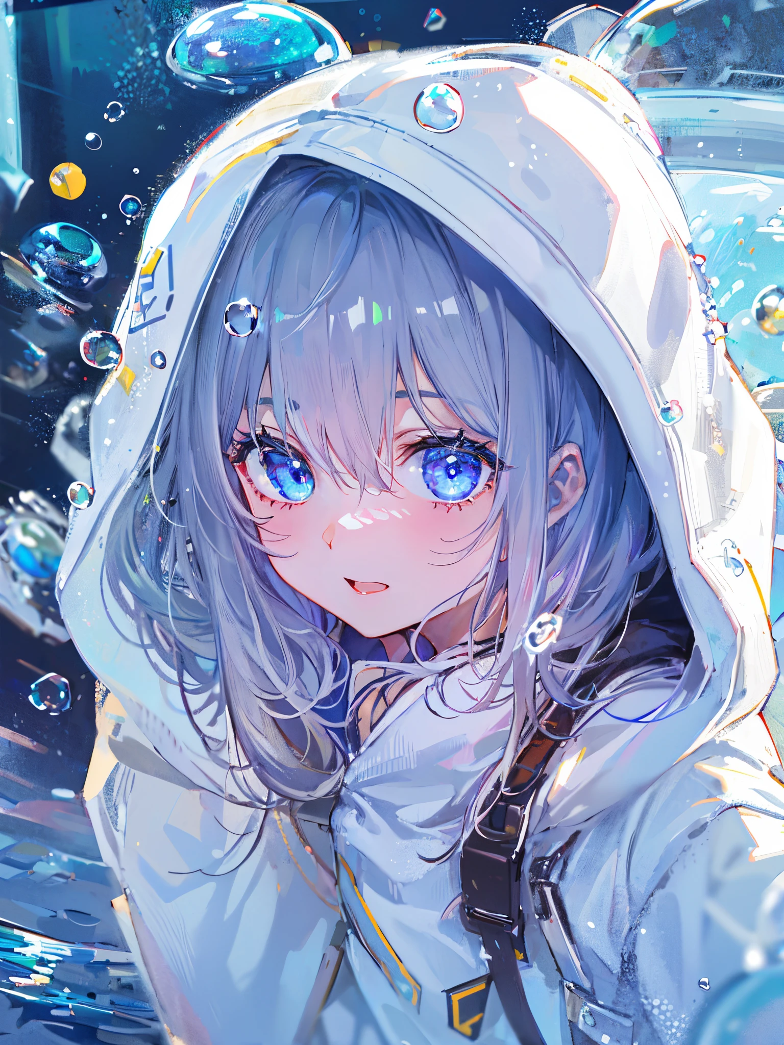 ((top-quality)), ((masterpiece)), ((ultra-detailliert)), (Extremely delicate and beautiful), girl with, report, cold attitude,((White hoodie)),She is very(relax)with the(Settled down)Looks,depth of fields,Evil smile,Bubble, under the water, Air bubble,Underwater world bright light blue eyes,inner color with bright gray hair and light blue tips,,,,,,,,,,,,,,,,,,,Cold background,Bob Hair - Linear Art, shortpants、knee high socks、White uniform like school uniform、Light blue ribbon ties、Clothes are sheer、The hand in my right pocket is like a sapphire,Fronllesse Blue, A small blue light was floating、fantastic eyes、selfy,Self-shot