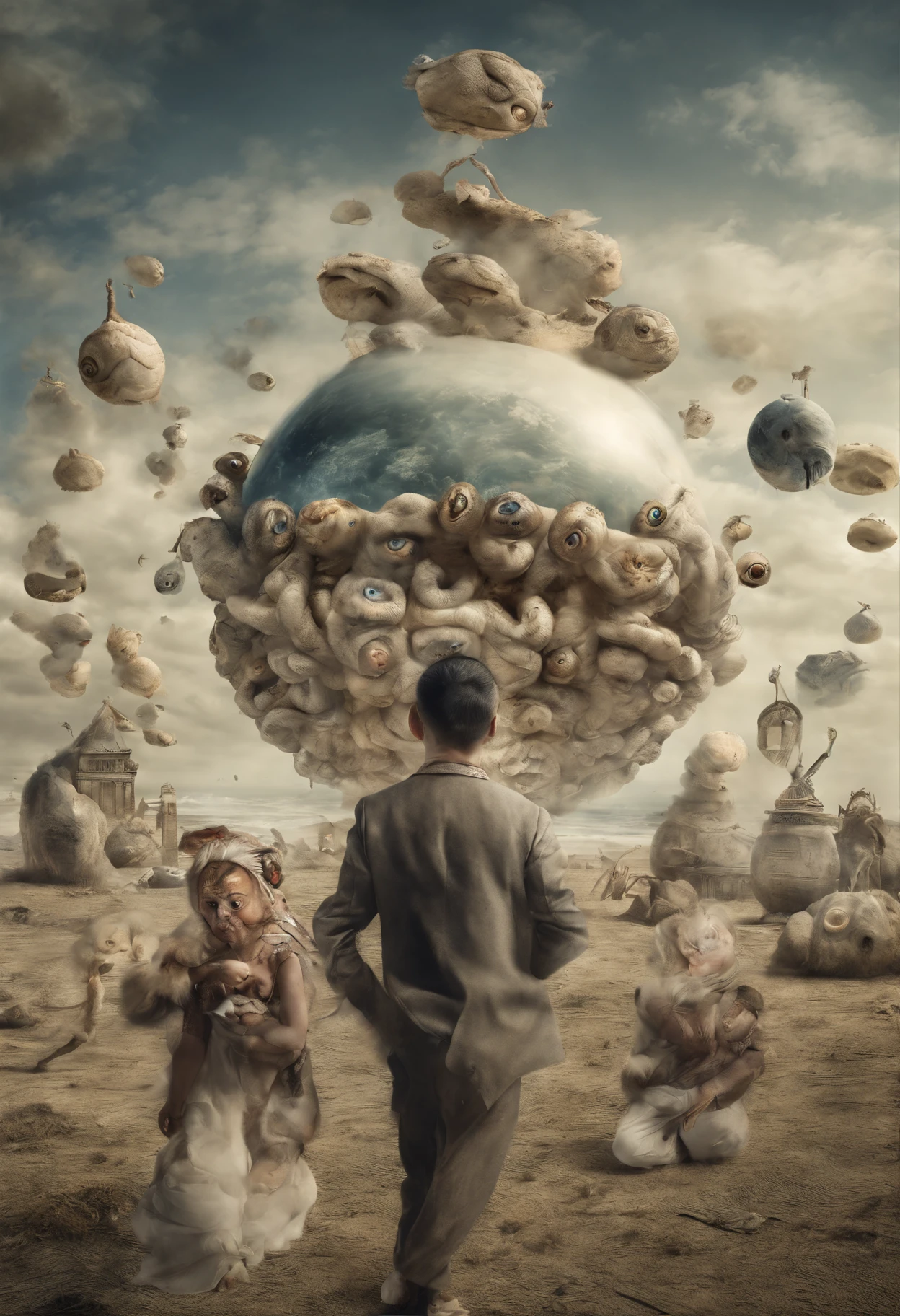 Surreal Margaret Dali#39;s twisted world. Eyeballs floating in the sky. An Asian man in the center. Medium shot.