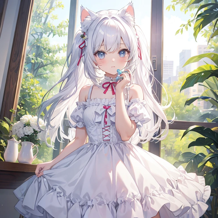 the watercolor style，cat ear，teens girl，White Lolita，are standing， cup，white color hair，The eye，Hands on love