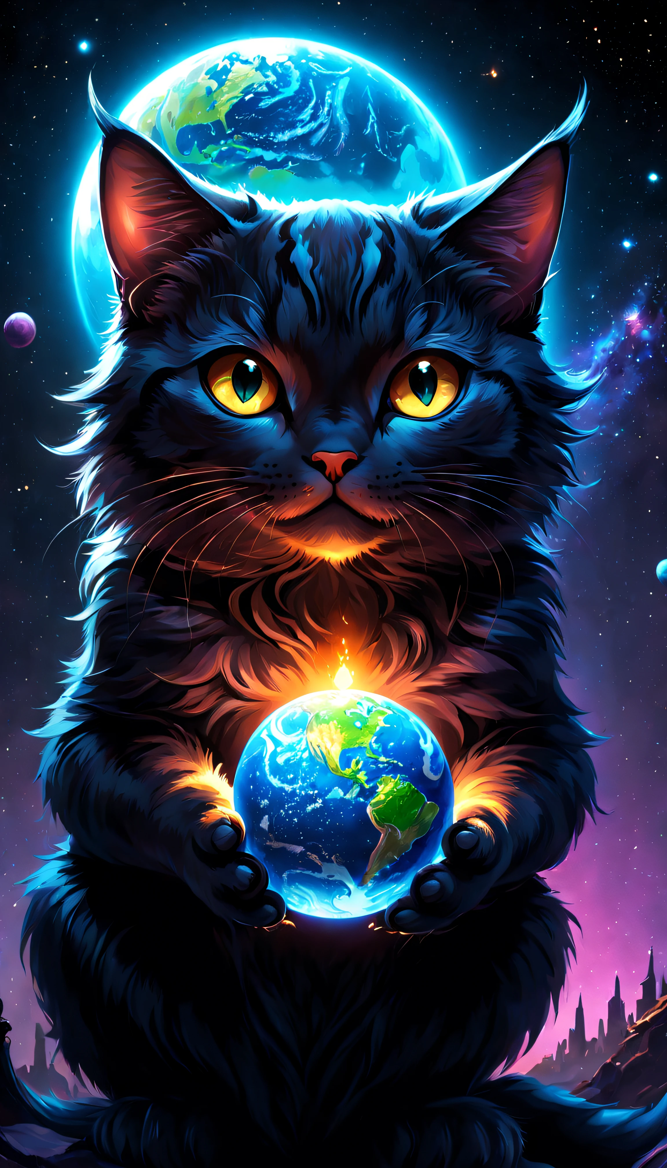 (Phil Carter) holding a (blue) Earth in its paws, (Cat Planet), (space cat), (black cats), (cat from the void), (cat in space), Devour a planet, (A world ruled by animals), cat path#39;of the world, with earth, (The god of cats), grab the earth, hold a planet, (cathartic), with earth in the background.
(Best quality, 4K, 8K, A high resolution, tmasterpiece:1.2), ultra - detailed, (actual, strength, photo imprint:1.37), HighDynamicRange, (vibrant with colorocus sharp), (physically-based renderingt), (Ultra-fine painting), (professional), (bokeh), (Studio lighting).
(illuminations), (oil painted), (3 Rendering), (photography), (Concept artist), (sporty attire), (The landscape), (sci-fy), (terror), (this comic).
(Colorful, A vibrant one), (Dark, moodiness), (Ethereal), (The warm, glowing), (Soft, pastels), (like a dream).
(iintricate, theatrical) lamplight, Dramatic shadows.