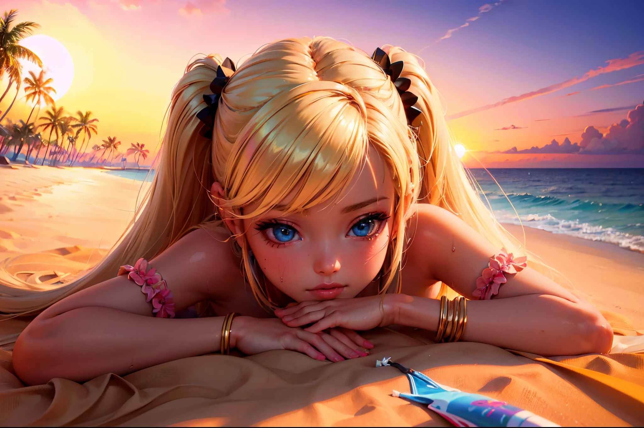 generate a barbie character blonde hair wearing sexy outfit, near beach, sunset, lying on sand spreading her legs, generate beautifull sunset time ever,(masterpiece, best quality:1.2),(8k,highres,RAW photo,realistic,photo-realistic:1.3),(detailed skin texture,detailed cloth texture,beautiful detailed face:1.25),professional lighting,photon mapping,beautiful soft light,radiosity,physically-based rendering,model shoot style, model shoot style, (extremely detailed CG unity 8k wallpaper), full shot body photo of the most beautiful artwork in the world, complex 3d render ultra detailed, looking at viewer, 18 yo, wet hair, real human skin, vibrant details, hyperrealistic, beautiful, octane render, 8k, best quality, masterpiece, an extremely delicate and beautiful, extremely detailed ,CG ,unity ,wallpaper, (realistic, photo-realistic:1.37),Amazing, finely detail, masterpiece,best quality,official art, extremely detailed CG unity 8k wallpaper ,extreme detailed eyes, (perfect face), shiny skin, colorful, highest detailed, vibrant colors, ultra high res, (high contrast), intricate, lens flare,