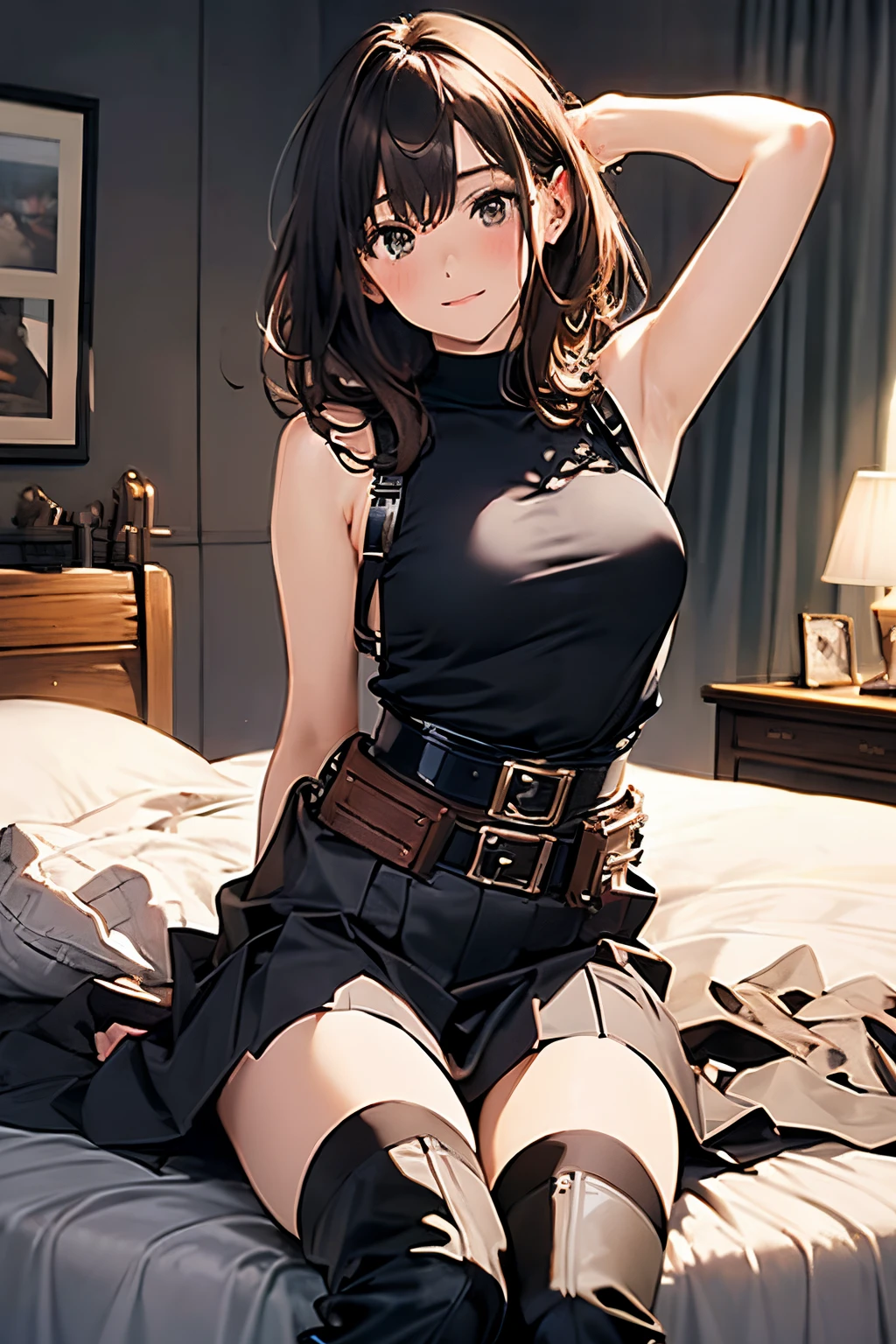 Brown hair、watching at viewers　　　black suspenders　　　Bulging big breasts　　 　 　　　walls: 　Black miniskirt　garters　　　　　　Gaze　　　Small face　bangss 　　　holster　　Belt Armament　Beautuful Women　srestrained　hands up　Lying in bed　Leg holster lying on the bed　　Gaze 　black boots upskirt tank top