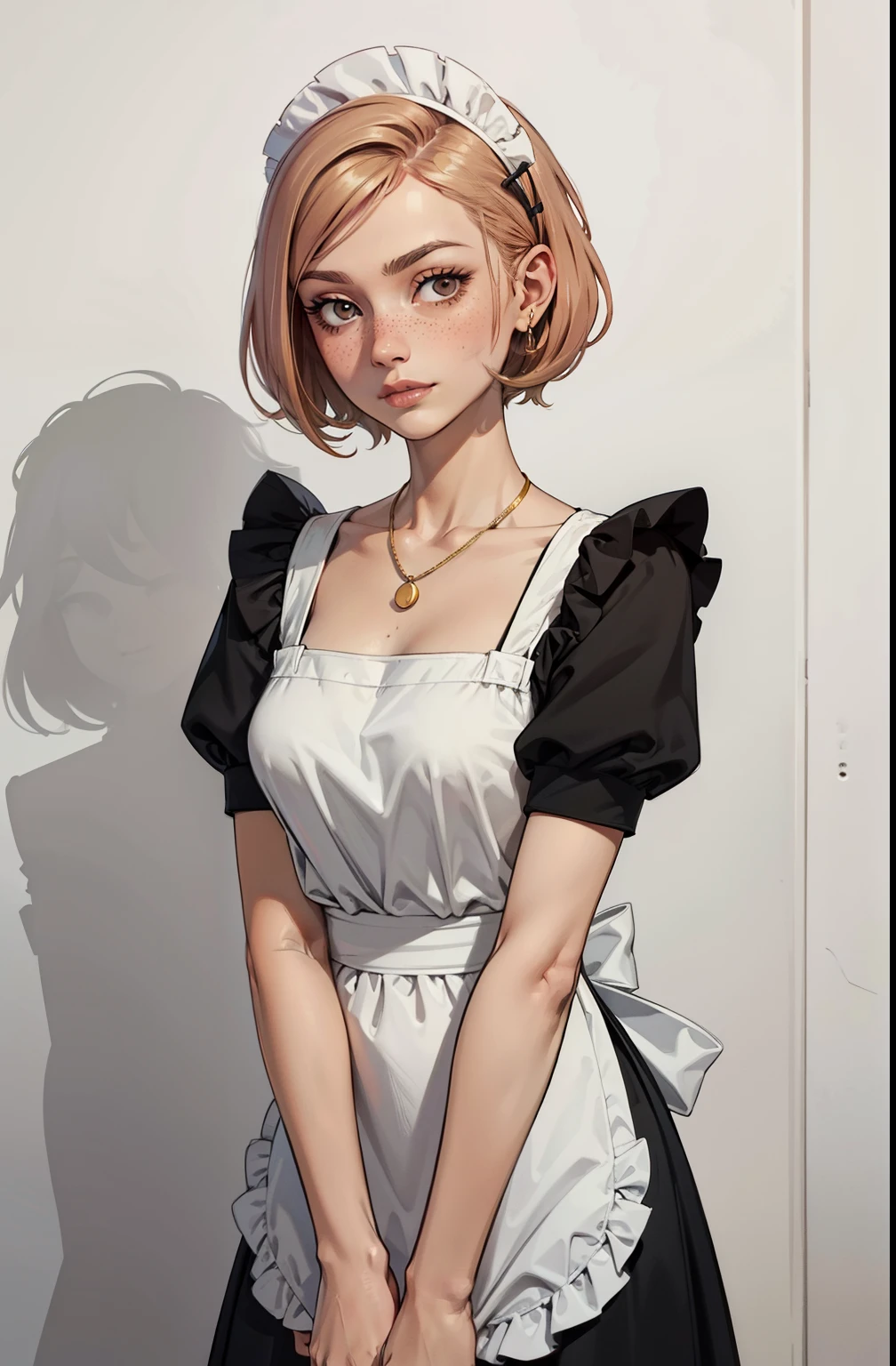 a closeup portrait of a playful maid, undercut hair, natural, apron, amazing body, pronounced feminine feature, kitchen, [ash blonde | ginger | pink hair], freckles, flirting with camera, corpo todo, standing on her feet, studio background, childish appearance, chifres pequenos na testa, maquiagem, mascara, Lips are soft or colored, fundo preto simples, minimalismo, monotone, paletas de cores simples, limpo, Crisp drawings, silhuetas fluidas,, camisas curta, Asymmetric, geometric, Materiais e designs elegantes e luxuosos,  and minimalist accessories, Necklaces and thin rings in silver or gold, Pulseiras simples, Designs diferentes, silhuetas simples, estilo simples e sofisticado, elegence, minimalismo, materiais de alta qualidade, Fresh and  printing, alta moda, Simplicity and sophistication, vermelho, Cor vermelha, sexy, magro, roupa curta, molhada, sexy, Erotic, decote, youthful appearance, ioga
