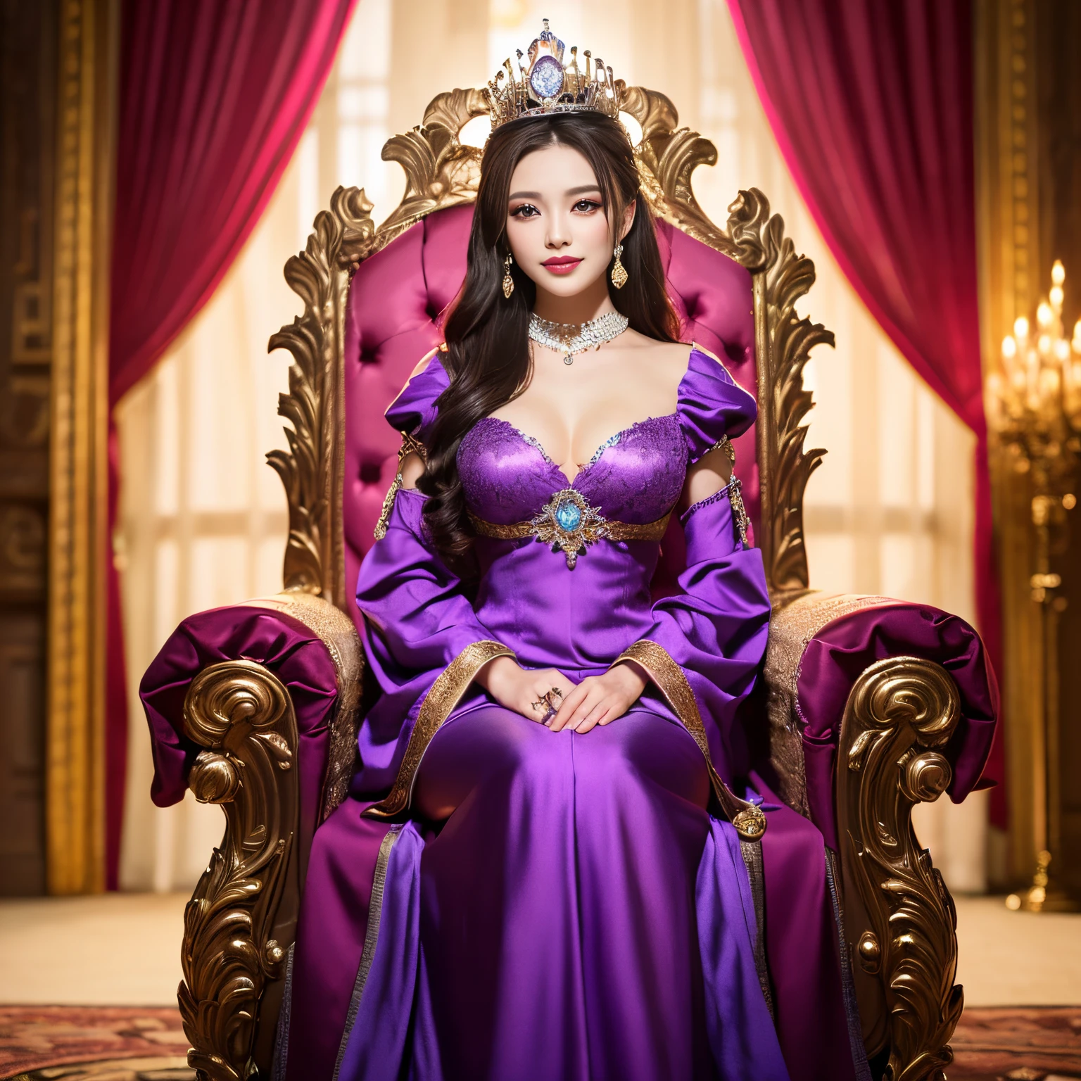 ((top-quality、masutepiece、8K、Top image quality、Highly complex and detailed depictions))、one prostitute goddess、The best luxury where everything is unimaginable、The most gorgeous and majestic prostitute costume、Surrounded by pink and purple curtains、pink and purple lighting、Sit on a super-huge throne、The background is the most luxurious and complicated princess room、(Warm mood lighting:1.1)、(mid night:1.3)、(Background completely surrounded by curtains:1.3)、(blurry backround:1.1)、(moody dim room:1.3)、(The background is all pink and purple:1.2)、Shine intricately、The biggest smile staring at the camera、(spectacular movie lighting:1.1)、(very romantic atmosphere:1.1)、(very romantic performance:1.1)、Upper body photo、(The most gorgeous and majestic throne:1.1)、(pink and purple throne:1.1)、artistic décor、Large amount of jewelry decoration、The most luxurious and huge tiara、detailed ornament、glowing gemstones、giant pink and purple costume、(big pink and purple sleeves:1.1)、Very fine decoration、Very complex decoration、royal, yudai、(Frontal close-up:1.1), a throne、(Symmetrical composition:1.1)、huge and magnificent throne